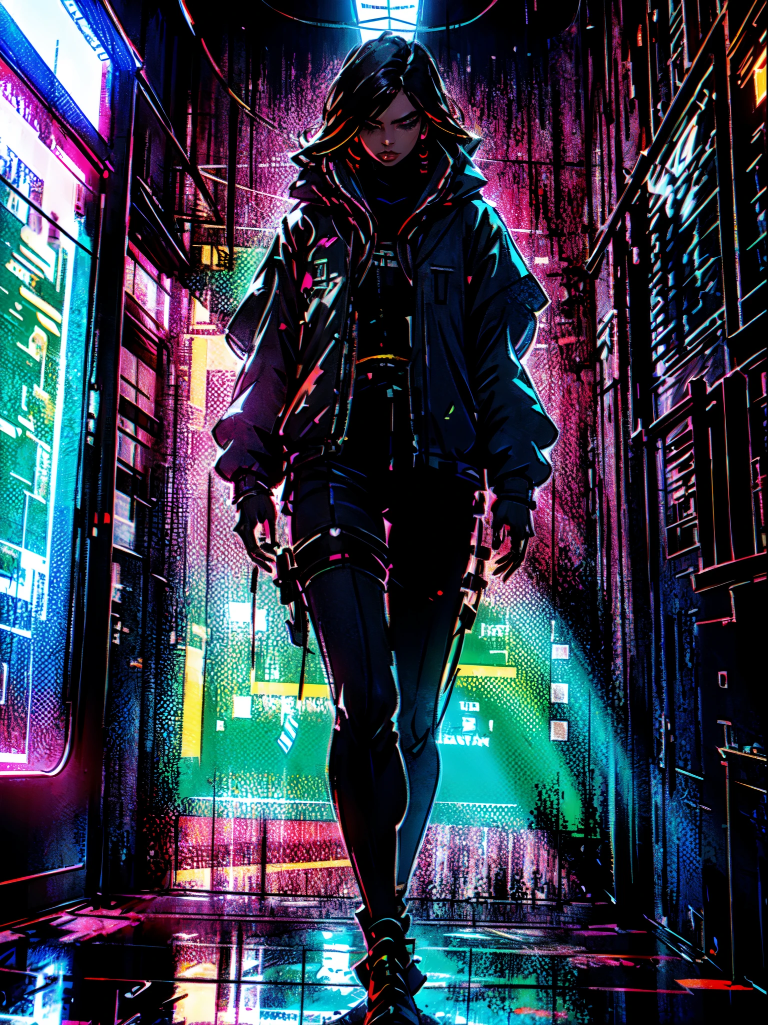 In a cyberpunk bedroom interior, (best quality,4k,8k,highres,masterpiece:1.2),ultra-detailed,(realistic,photorealistic,photo-realistic:1.37) the centerpiece of the scene is a stylish and modern bed. The bed is designed with sleek lines and features a high-tech digital display built into the headboard. The bedding is made of luxurious fabrics with a futuristic pattern, giving it a high-end and sophisticated look.

The room is dimly lit with neon lights, casting a vibrant glow throughout the space. The walls are covered in metallic panels, adding to the futuristic ambiance. On one wall, there is a large interactive digital artwork that changes colors and patterns based on the user's preferences. The artwork serves as a focal point and adds a touch of artistic flair to the room.

In the corner of the room, there is a state-of-the-art gaming setup. It includes a powerful gaming PC, a large curved monitor with razor-sharp resolution, and an ergonomic gaming chair. The gaming setup is designed with sleek and modern aesthetics, matching the overall cyberpunk theme.

Next to the gaming setup, there is a stylish and futuristic wardrobe. The wardrobe is made of glossy black material and features LED lights that illuminate the clothing inside. The wardrobe is filled with a variety of futuristic clothing items, from sleek and form-fitting suits to edgy and unconventional cyberpunk fashion pieces.

On the other side of the room, there is a floor-to-ceiling window that offers a stunning view of a futuristic cityscape. The window is equipped with smart glass technology, allowing the user to adjust its opacity and tint. The cityscape outside is filled with towering skyscrapers, high-speed flying vehicles, and neon lights, creating a vibrant and dynamic backdrop.

The color palette of the room is predominantly dark and moody, with accents of neon colors. The overall atmosphere is futuristic, sleek, and visually striking. The combination of high-quality details, realistic textures, and the perfect balance of lighting creates an immersive and captivating cyberpunk bedroom interior.

[interactive artwork], [luxurious bedding], [futuristic wardrobe], [gaming setup], [state-of-the-art technology], [smart glass window], [dark and moody color palette], [metallic wall panels], [LED lighting], [curved monitor], [sleek and modern design], [vibrant cityscape], [neon lights], [high-tech digital display], [razor-sharp resolution], [sophisticated aesthetics], [cyberpunk fashion pieces], [futuristic patterns], [immersive atmosphere], [stylish bed], [edgy cyberpunk theme], [visual flair], [dynamic backdrop], [futuristic cityscape], [neon glow], [vibrant and captivating], [sleek lines], [glossy black material], [futuristic ambiance], [cyberpunk lifestyle], [high-end and sophisticated], [technological advancements], [unconventional fashion], [digital artwork], [ergonomic gaming chair], [futuristic city], [high-speed vehicles], [immersive experience]