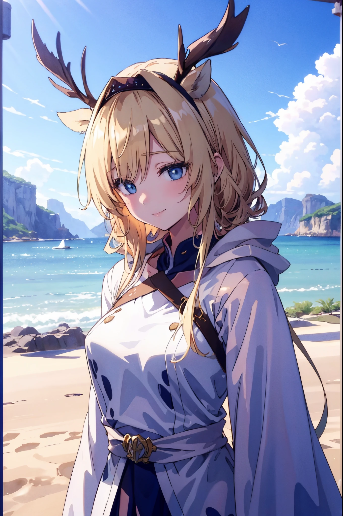 (Watercolor tones、2D beautiful girl:1.3)、2d、top-quality:1.1、Extremely Delicately Beautiful:1.1、I am、The large, Sagged Eyes、Long blonde hair、A princess、The best smile、Permanent、facing the front there、Empty beach in the background、14years、(in a panoramic view)、winc、Happy、