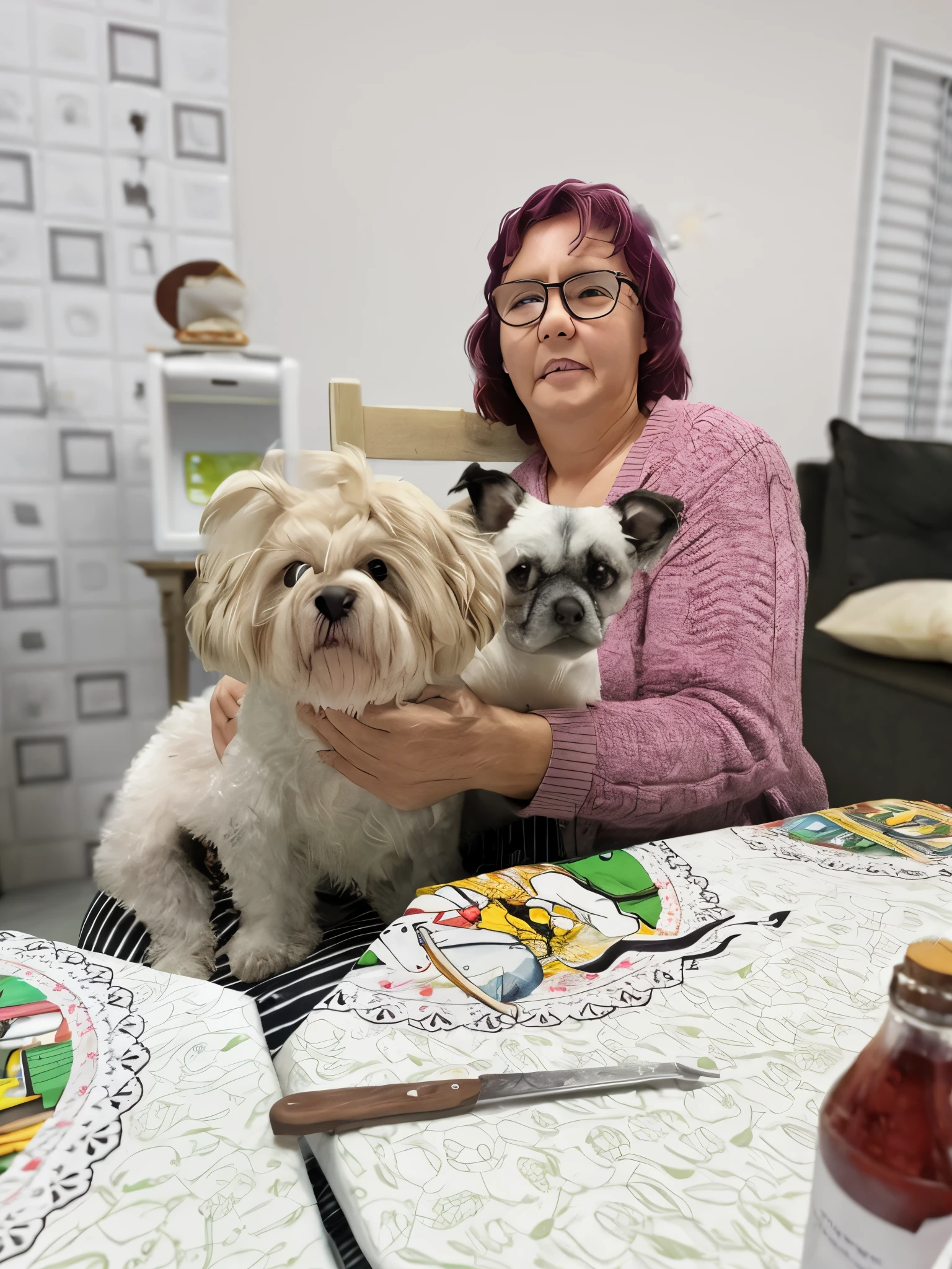 uma senhora, segurando seus dois cachorros. transform into a 3d pixar drawing keeping the photo location and position. imagem de alta qualidade