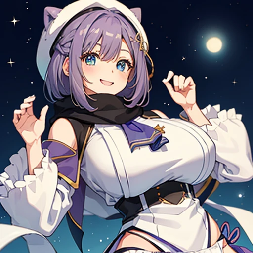 (Colorful star pattern on white background),(Yellow star-shaped patches on both nipples:1.4),(shiny purple corset:1.3),blush,Chibi,cute,girl,happy look,(Stinking eyes:1.3),(A sluggish face with an open mouth:1.3),(protruding breasts:1.3),(I can see the cleavage:1.5),(big breasts:1.25),(NSFW:1.2),(close up of face:1.15),(shiny dark purple hair:1.3),(Short curly hair with plenty of volume:1.3),(white shoulder puff sleeve clothes:1.2),(Shiny dark purple arm warmers:1.4),(♡:1.4),