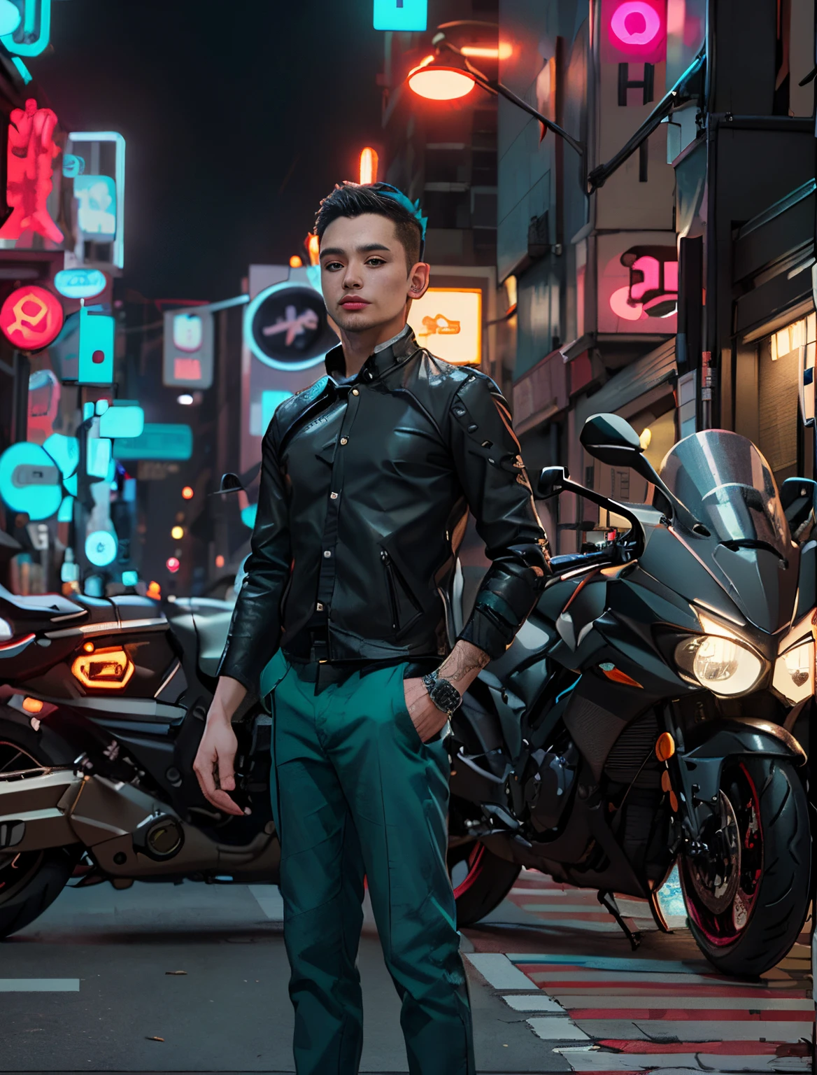 masterpiece, Best Quality, Confident cyberpunk boy, Full body shot, ((Stand in front of the motorcycle)), Pop costumes inspired by Harajuku, Bold colors and patterns, Eye-catching accessories, Cyberpunk dazzling cityscape, Skyscrapers, neon Bright and vivid color scheme, Anime, Illustration, Detailed skin texture, Detailed Cloth Texture, beautifull detailed face, Intricate details, ultra-detailliert.