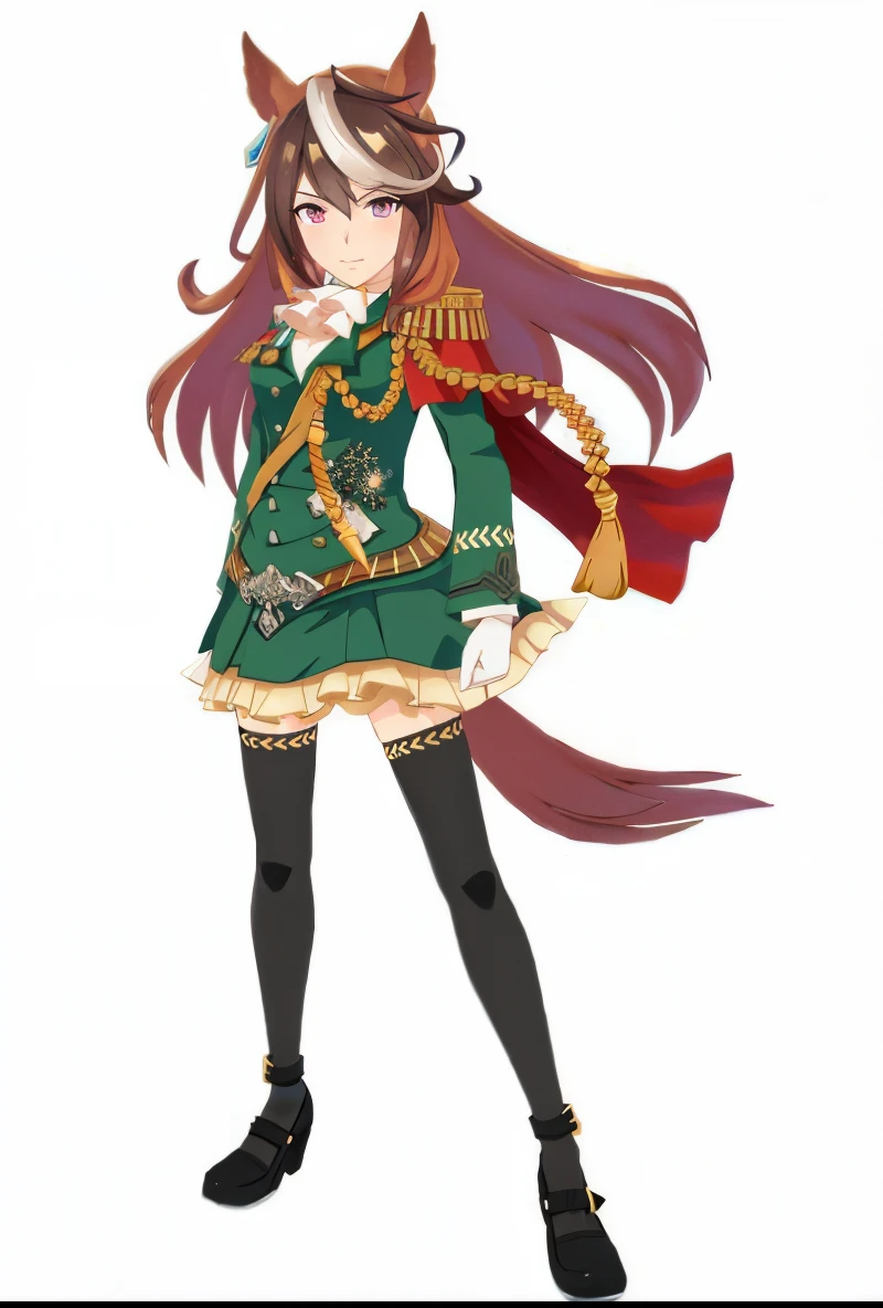 Cartoon girl in a green dress with a red tail and a brown hat, marin kitagawa fanart, anime full body illustration, visual novel sprite, !!Full body portrait!!, wearing an ornate outfit, pretty anime character design, Official Character Art, illustrious makinami, full body with costume, Full body!, best anime character design