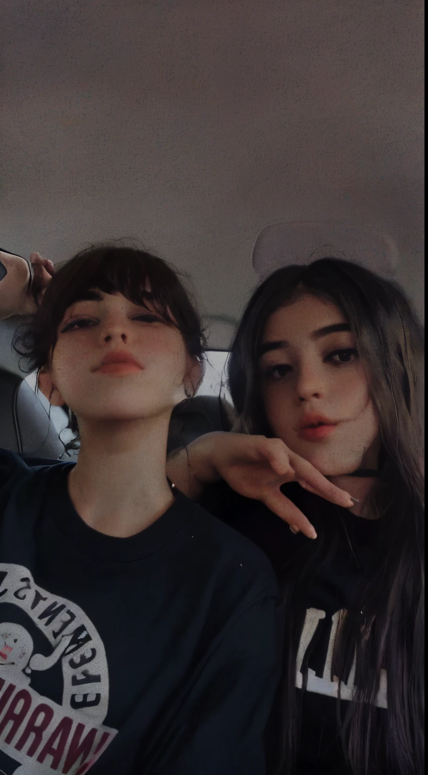 they are sitting in the back of a car with their hands on their hipss, profile pic, charli bowater and artgeem, profile image, music video, very very low quality picture, album art, alena aenami and lilia alvarado, childhood friend vibes, profile picture, annoying sister vibes, snapchat photo, gen z, low quality grainy