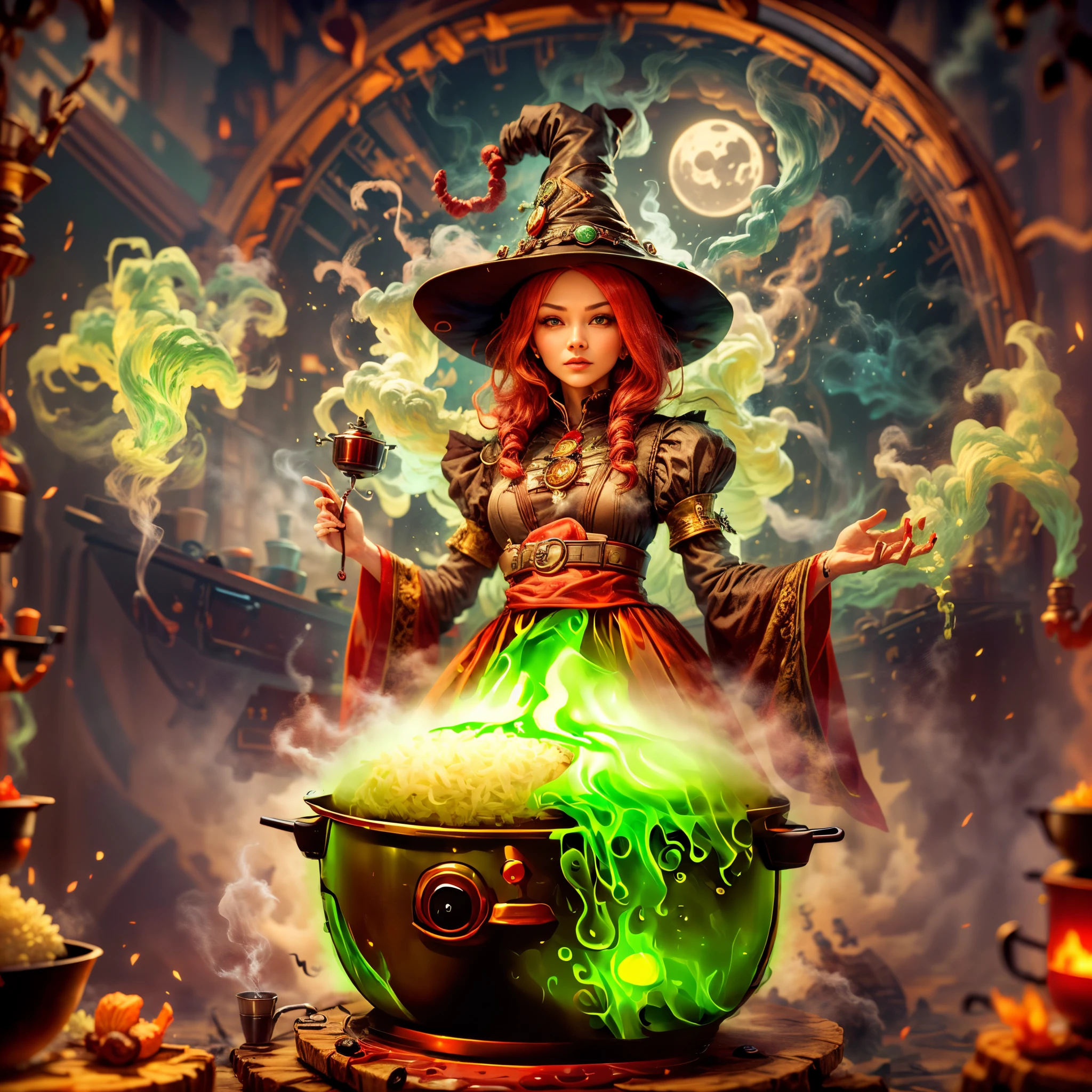 Weird and seductive witch in her alchemist&#39;s room, Perform alchemical magic with a steaming rice cooker filled with green glowing smoke, Eerie night background with full moon and window view, Dressed in traditional witch costume，((The strange and sinister rice cooker is filled with red liquid))，(UHD, masterpiece, ccurate, anatomically correct, textured skin, super detail, high details, high quality, award winning, best quality, 16k)