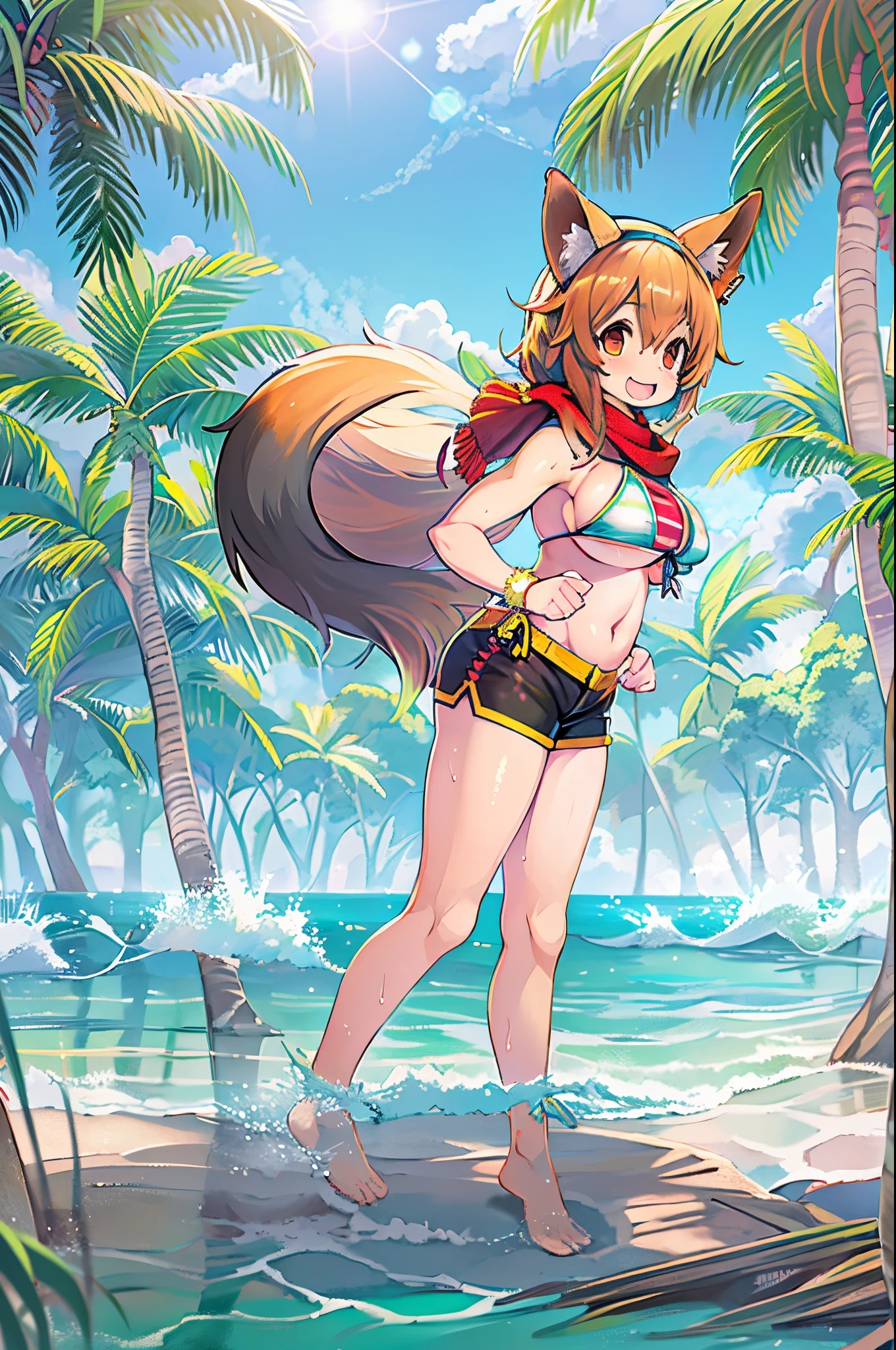 best quality,best resolution,(fluffy anthro furry :1.6),(young :1.6),fox girl,small ,red long hair,wavy hair,pink slingshot bikini,beach,looking at viewer,naughty face,naughty smile,full face blush,hands at mouth,naughty pose,raise up leg