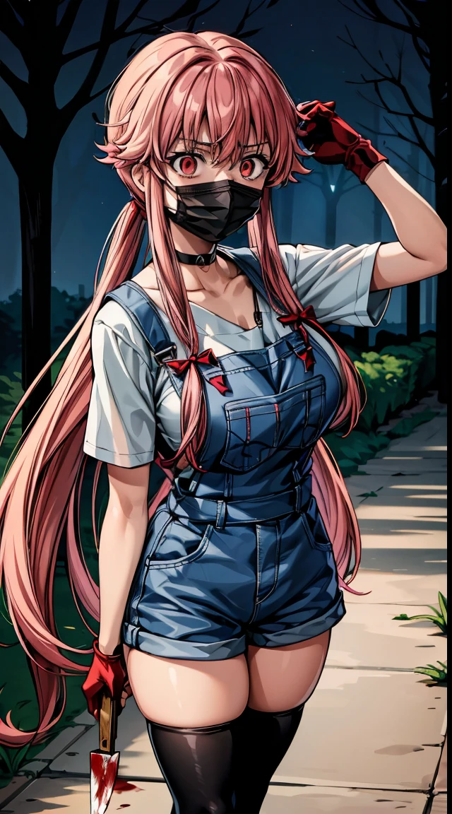 explicit, beautiful, amazing, high quality, detailed background, a woman with large breast in a woods, 1girl, breasts , , , pink hair, large breasts, twintails, long hair, solo focus, mirai nikki, black choker, dark grey overalls, leather gloves, black boots, ((face mask)), red eyes, chasing you through the woods, ((nigth)), crazy, ((crazy eyes)), ((crazy stare)) holding a bloody knife, (fanart of Gasai Yuno), (angry eyes:1.1), (perfect hands:1.4), (masterpiece), best quality, expressive eyes, VHS, ((nigth)), (Parfect Hand:1.3), 4k, 8k, 1980s, from below, (standing over you), wearing a jacket, (Blood:1.1)