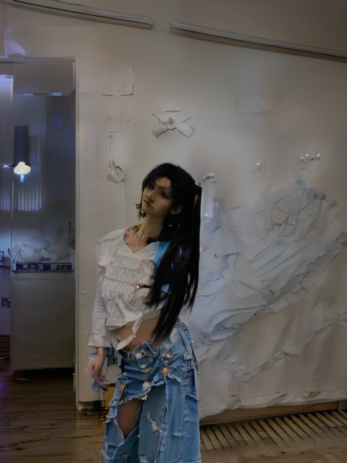 there is a woman standing in a room with a white shirt and blue skirt, casual pose, wearing a shirt and a jean, with long hair, outfit photo, leaning on the wall, full body picture, leaning against the wall, side pose, back pose, white shirt and jeans, standing in corner of room, taken with sony alpha 9, very very low quality picture