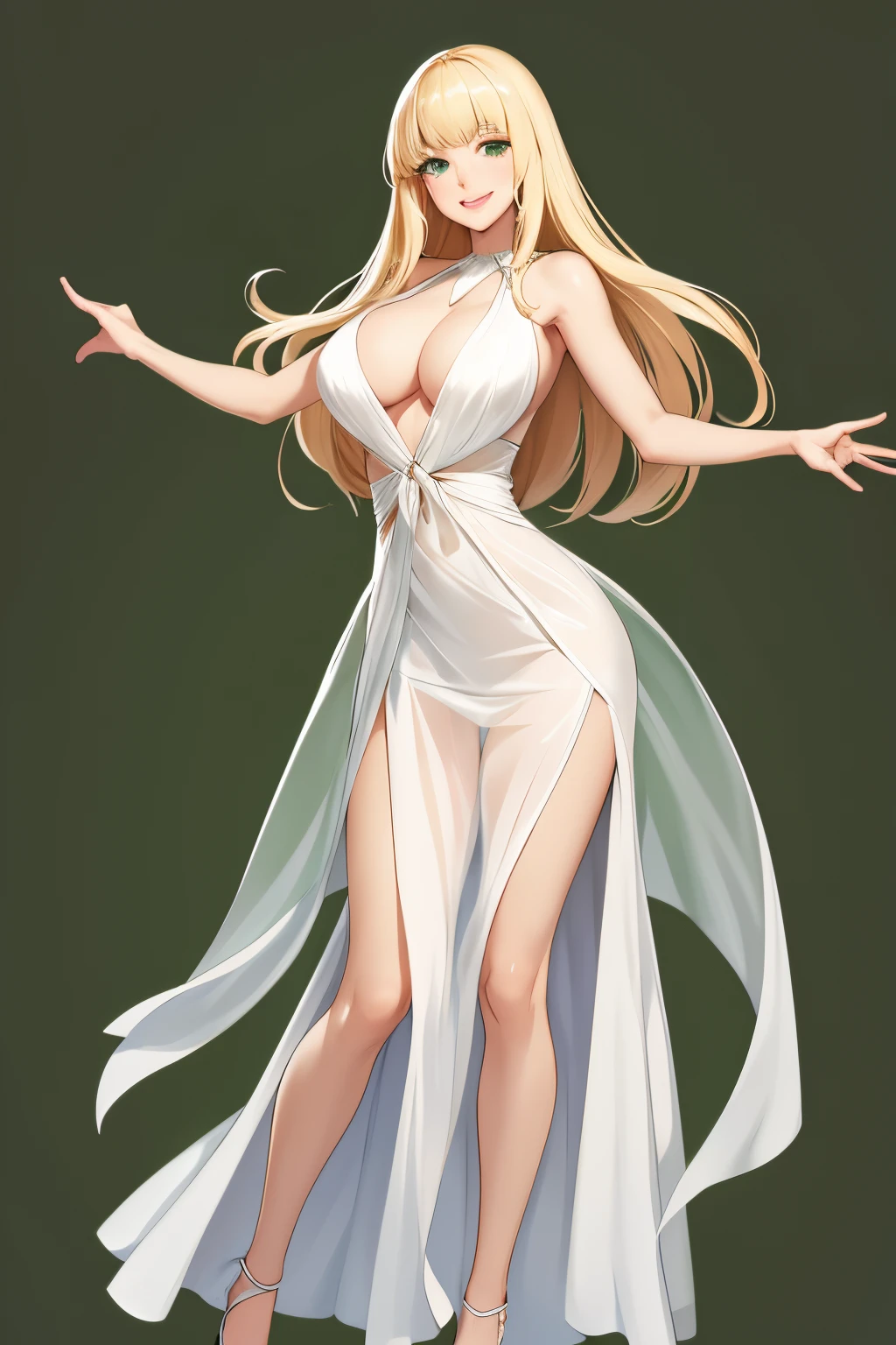 Emotional smile, Blonde, long hair, bangs, green eyes, sweet look, hairlines, thin lips, Huge breasts :1.8, full body, standing, open arms, white and transparent dress, breasts visible through the dress, pussy visible through of the dress