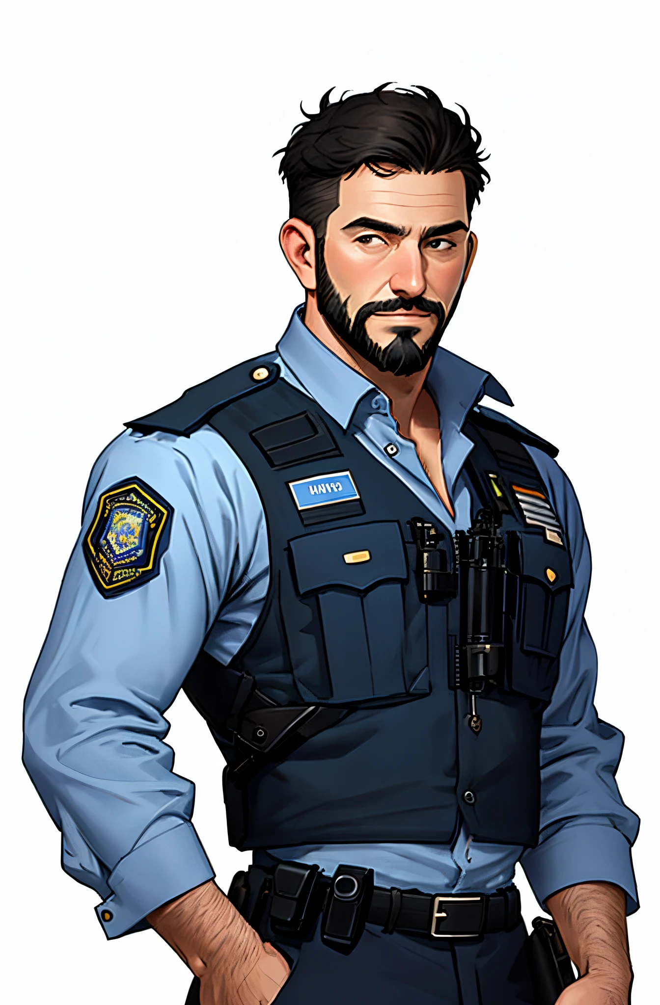 with short black hair,middle aged man,Police uniform,With a beard,黑The eye,bobby,transparent background,delicate picture