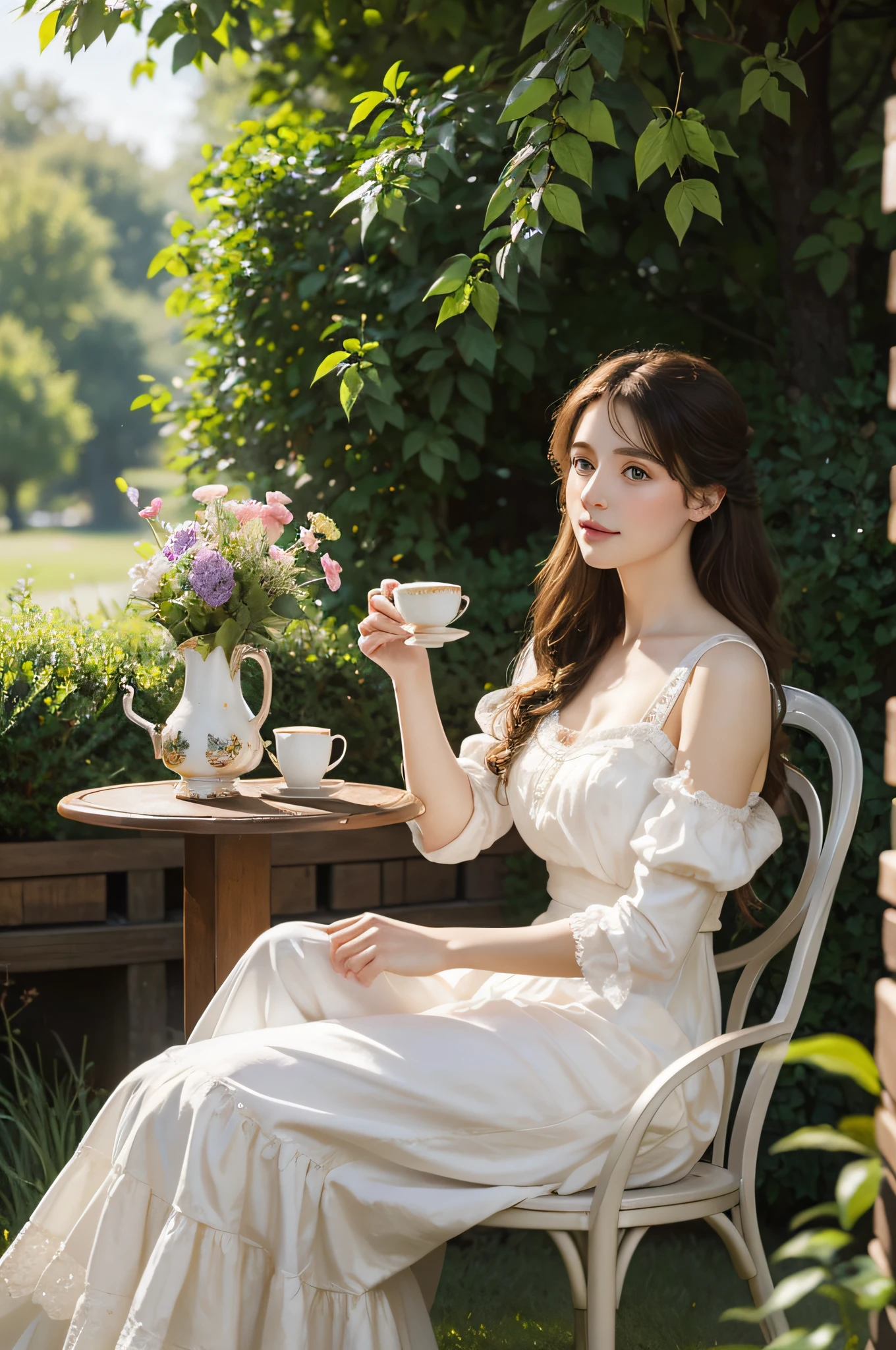 The painting shows a woman sitting at the table holding a teacup., at summer afternoon, romantic era painting,Dressed in British lady aristocratic clothing,Full body display of Albert Lynch, Konstantin Razumov, Inspired by William McGregor Paxton, Elegant oil painting, on the garden, author:Eugene von Grad, on the garden, vitaly bugarov, art of edouard bisson, danile gerhartz, Volegov