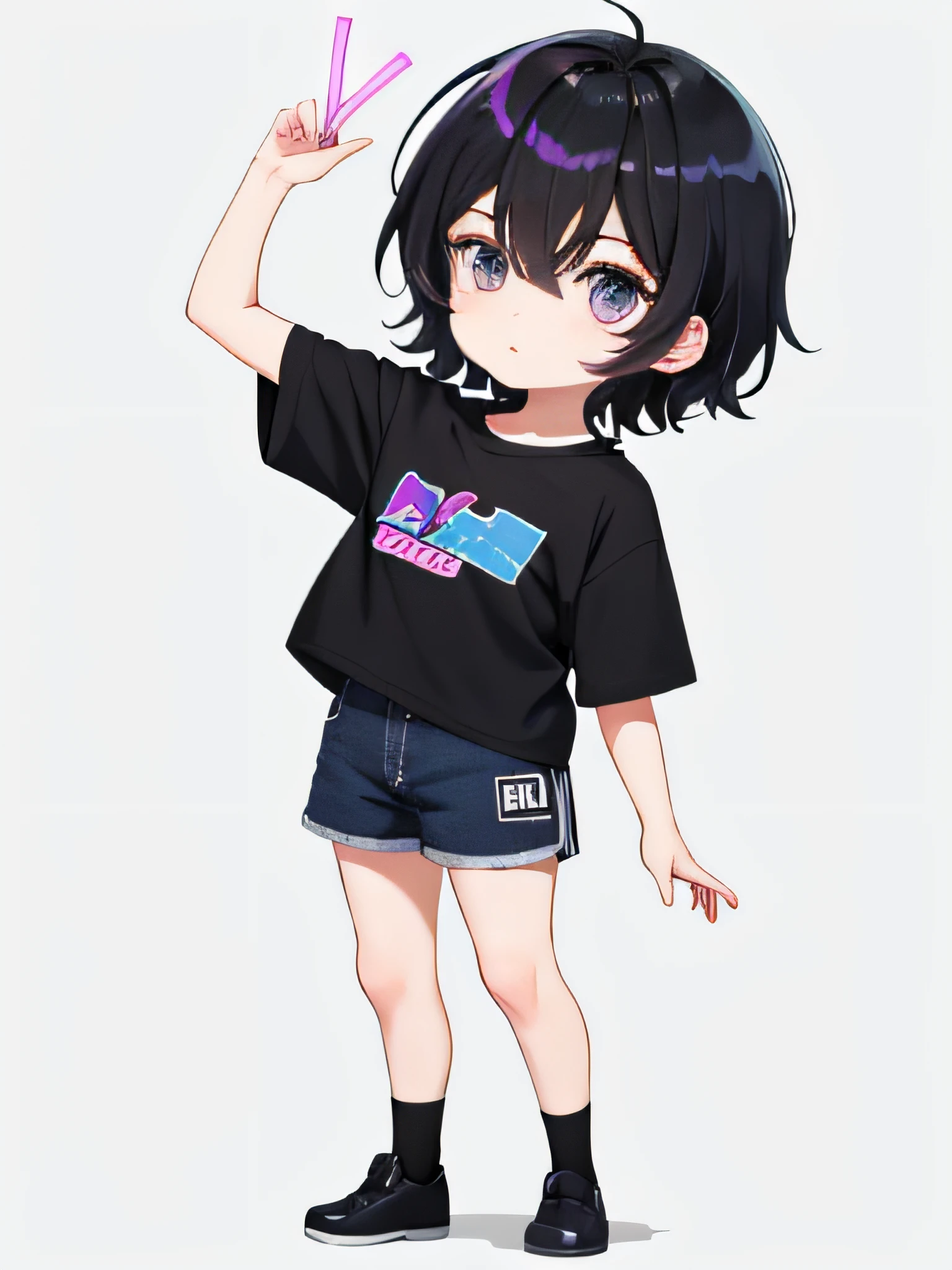 boy,twinks、Very short、1 persons,short-haired, 独奏, (twitch emote:1), Chibi, Black eyes, comic strip, man、white backgrounid, a sticker, Thick black outline,、short-haired、、full body Esbian、Blue shorts、short-haired、Cool、Mini、Blue shorts、a black T-shirt、Purple Socks、Chibi Chara.Have a game、short-haired、Male child、with light gg、gamer