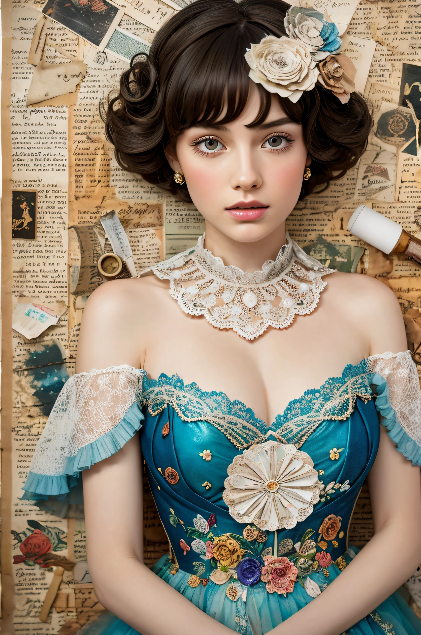 Super detailed alcohol ink painting of gorgeous girl, Made on top of a mixed-media masterpiece patchwork of stress-free vintage script paper, Ephemera, Torn cardboard, Vintage newspaper, Vintage sheet music, Wax Seal, Dress made of paper ruffles and life-size dainty lace, in the style of [Junk Journal, double exposure, Equal to the size of the body, Greg Simkins, Mark Davis, Oliver Jeffers, Andy Kehoe], Cinematic, Stunning, Highly detailed, 8K, dehazed