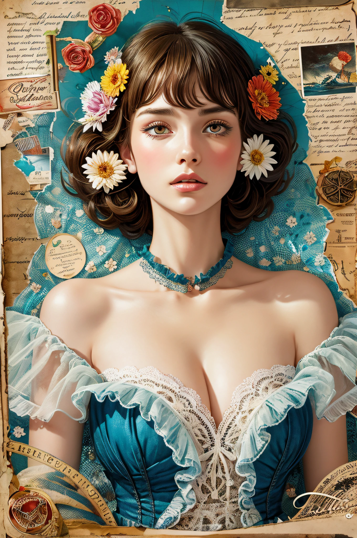 Super detailed alcohol ink painting of gorgeous girl, Made on top of a mixed-media masterpiece patchwork of stress-free vintage script paper, Ephemera, Torn cardboard, Vintage newspaper, Vintage sheet music, Wax Seal, Dress made of paper ruffles and life-size dainty lace, in the style of [Junk Journal, double exposure, Equal to the size of the body, Greg Simkins, Mark Davis, Oliver Jeffers, Andy Kehoe], Cinematic, Stunning, Highly detailed, 8K, dehazed