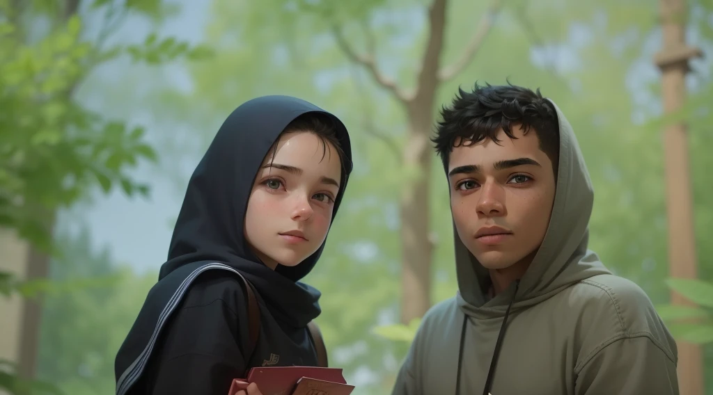a boy and a girl, twins, Brother and sister, Exactly the same, in jeans and shirts, stand next to each other in full growth, The boy is modest and calm, The boy has a book in his hands, The girl smiles broadly, Kind of hooligan, In his left hand is a wooden sword, soft light, Detailed, High-quality textures, Realistic