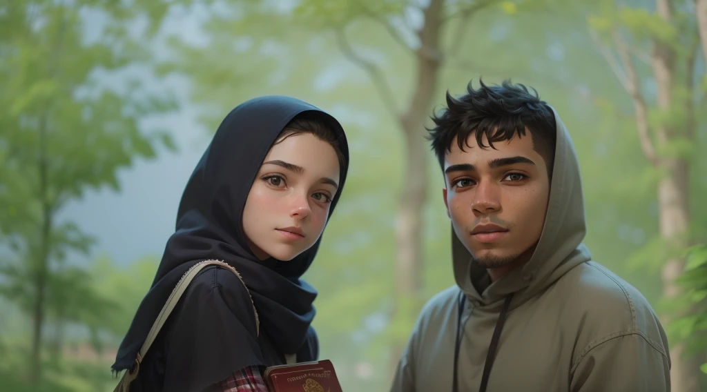 a boy and a girl, twins, Brother and sister, Exactly the same, in jeans and shirts, stand next to each other in full growth, The boy is modest and calm, The boy has a book in his hands, The girl smiles broadly, Kind of hooligan, In his left hand is a wooden sword, soft light, Detailed, High-quality textures, Realistic