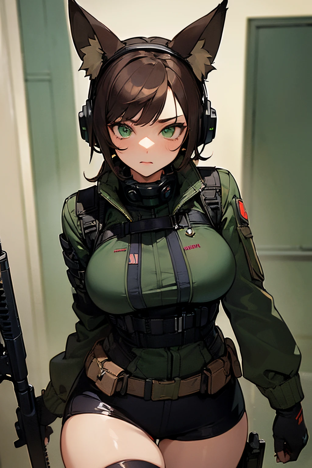 (Masterpiece: 1.5), (Best Quality: 1.5), (Perfect Face), 1 Woman, Mature Woman, Fox ears, Fox tail, green eyes, dark brown hair, big breasts, tactical gear, gun, spandex black shorts, tactical jacket, headset, gloves,