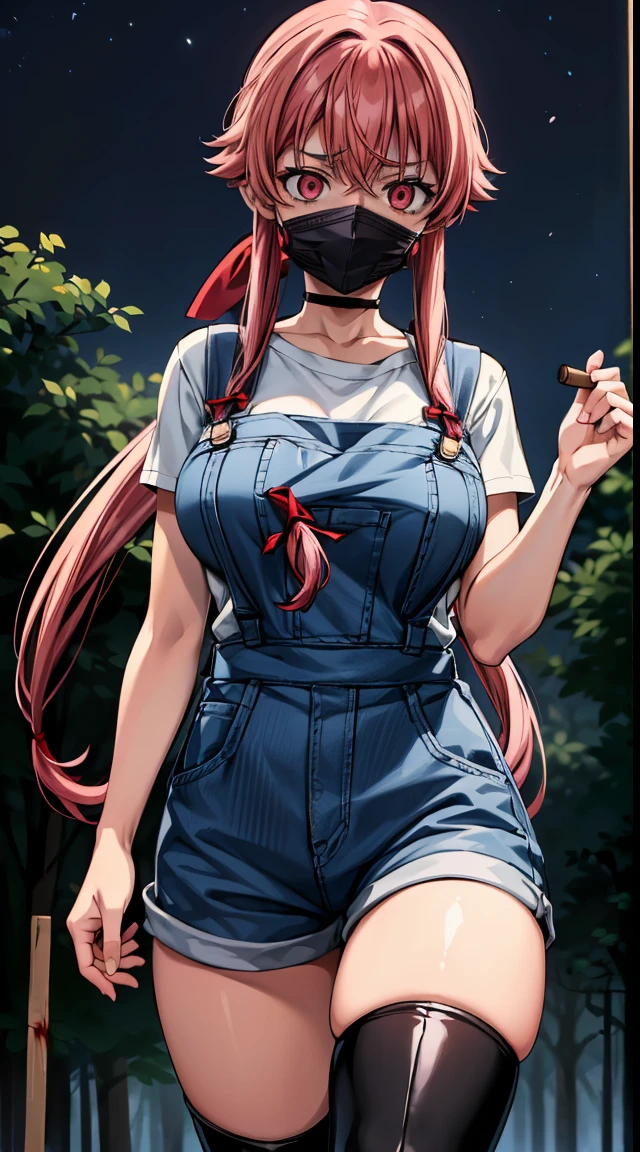 explicit, beautiful, amazing, high quality, detailed background, a woman with large breast in a woods, 1girl, breasts , , , pink hair, large breasts, twintails, long hair, solo focus, mirai nikki, black choker, dark grey overalls, leather gloves, black boots, ((face mask)), red eyes, chasing you through the woods, ((nigth)), crazy, ((crazy eyes)), ((crazy stare)) holding a bloody knife, (fanart of Gasai Yuno), (angry eyes:1.1), (perfect hands:1.4), (masterpiece), best quality, expressive eyes, VHS, ((nigth)), (Parfect Hand:1.3), 4k, 8k, 1980s, from below, (standing over you), wearing a jacket, (Blood:1.1)
