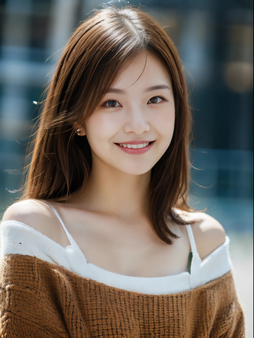 best quality, masterpiece, ultra high res, photorealistic, 1girl, offshoulder, smile, oversized_sweater, soft lighting, detailed skin,brown hair