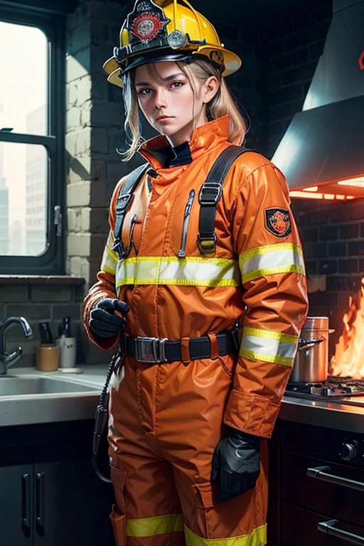 <lora:ultimaAnime:1@.3,0@.3> (angelic firefighter) young woman, spanish, dark brown eyes, tan skin, tan skin, light green eyes, voluptuous build, ginger hair, wearing Fire-resistant jacket with reflective bands, cargo pants with built-in kneepads, firefighter helmet with face shield, waterproof boots, fire extinguisher, set in burning Attic, Crackle of flames echoes in the cramped space, trunks filled with memories going up in smoke, cobwebs catching fire, antique furniture crumbling, and the attic hatch warped from the heat