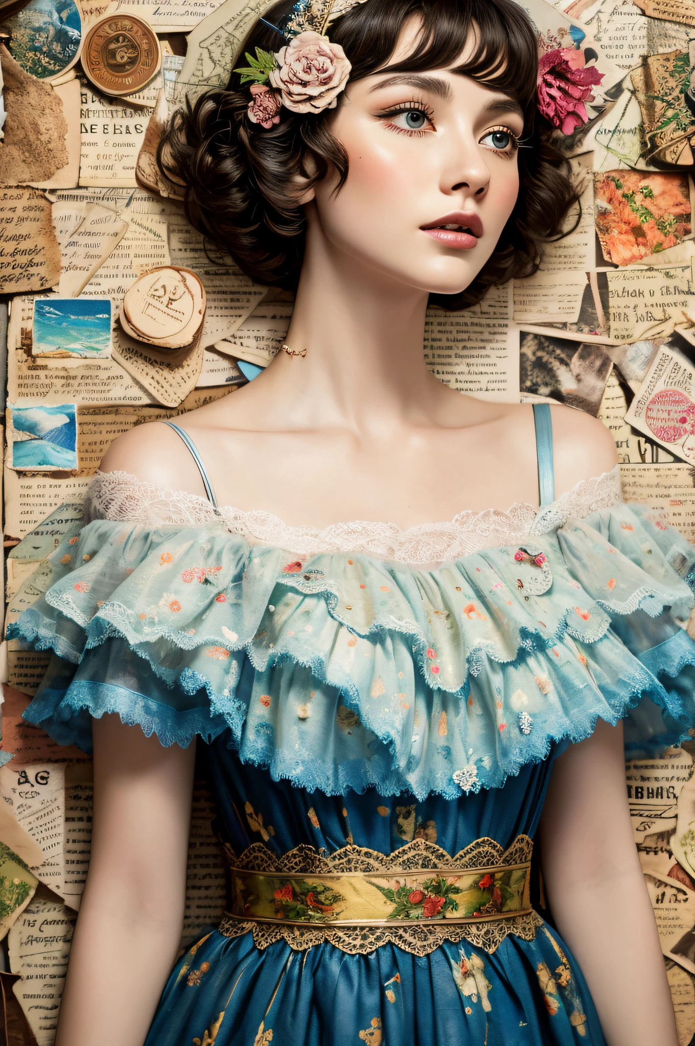 Super detailed alcohol ink painting of gorgeous girl, Made on top of a mixed-media masterpiece patchwork of stress-free vintage script paper, Ephemera, Torn cardboard, Vintage newspaper, Vintage sheet music, Wax Seal, Dress made of paper ruffles and life-size dainty lace, in the style of [Junk Journal, double exposure, Equal to the size of the body, Greg Simkins, Mark Davis, Oliver Jeffers, Andy Kehoe], Cinematic, Stunning, Highly detailed, 8K, dehazed
