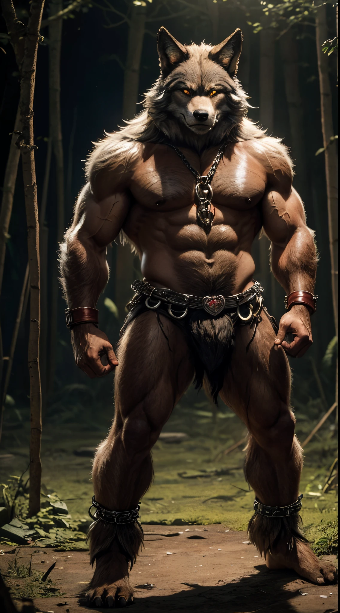 werewolf boy,The muscles are plump and shiny,Wolf ears,Face,Human body,red colored skin,Wolf paws,Scarred,Chained,Chained,Handcuffed,Wearing anklets,There are signs of whipping on the body,The skin is burned,hairy bodies,Wolf hair all over the body,Standing in the swamp