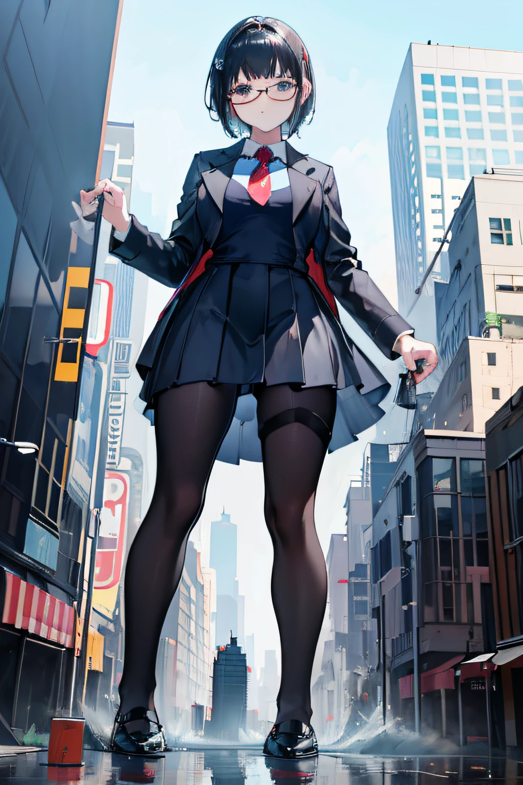 giantess art, a hyperrealistic schoolgirl, , highly detailed giantess shot, der riese, Shorthair, black pantyhose, Giant high school girl bigger than a skyscraper。wearing rimless glasses。huge tit。Navy blue blazer、Red tie、Mini Length Skirt、black pantyhose、Pantyhose sole、pantyhose toes、shoes are taken off。very small metropolis。Pissing in a miniature metropolis。tsunami of urine。Small trains and cars are being washed away by urine.。Full body depiction。giantess, black pantyhose, pantyhose feet, pantyhose foot, ,stomping city,crash city,tiny city,micro city, peeing,