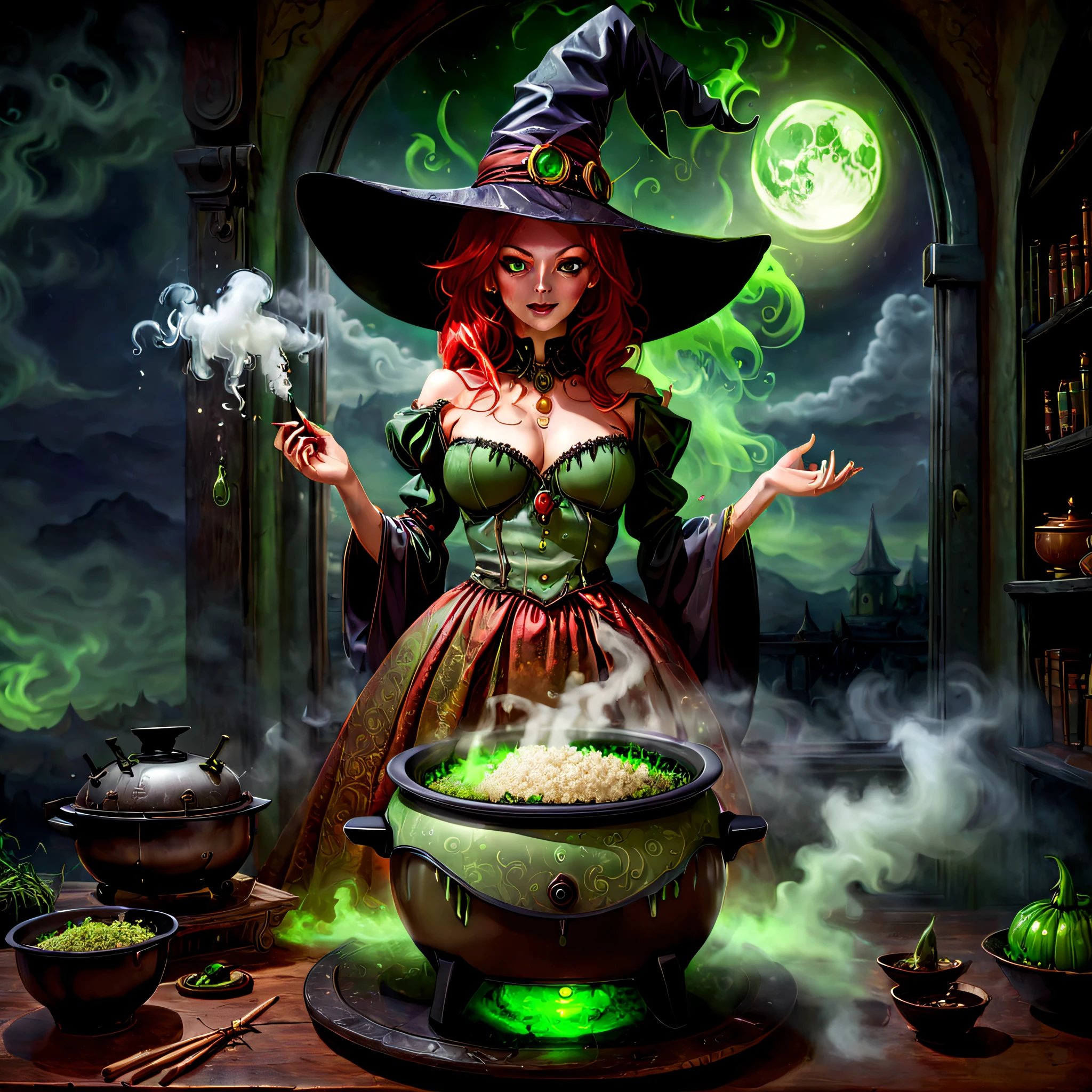 Weird and seductive witch in her alchemist&#39;s room, Perform alchemical magic with a steaming rice cooker filled with green glowing smoke, Eerie night background with full moon and window view, Dressed in traditional witch costume，((The strange and sinister rice cooker is filled with red liquid))，(UHD, masterpiece, ccurate, anatomically correct, textured skin, super detail, high details, high quality, award winning, best quality, 16k)