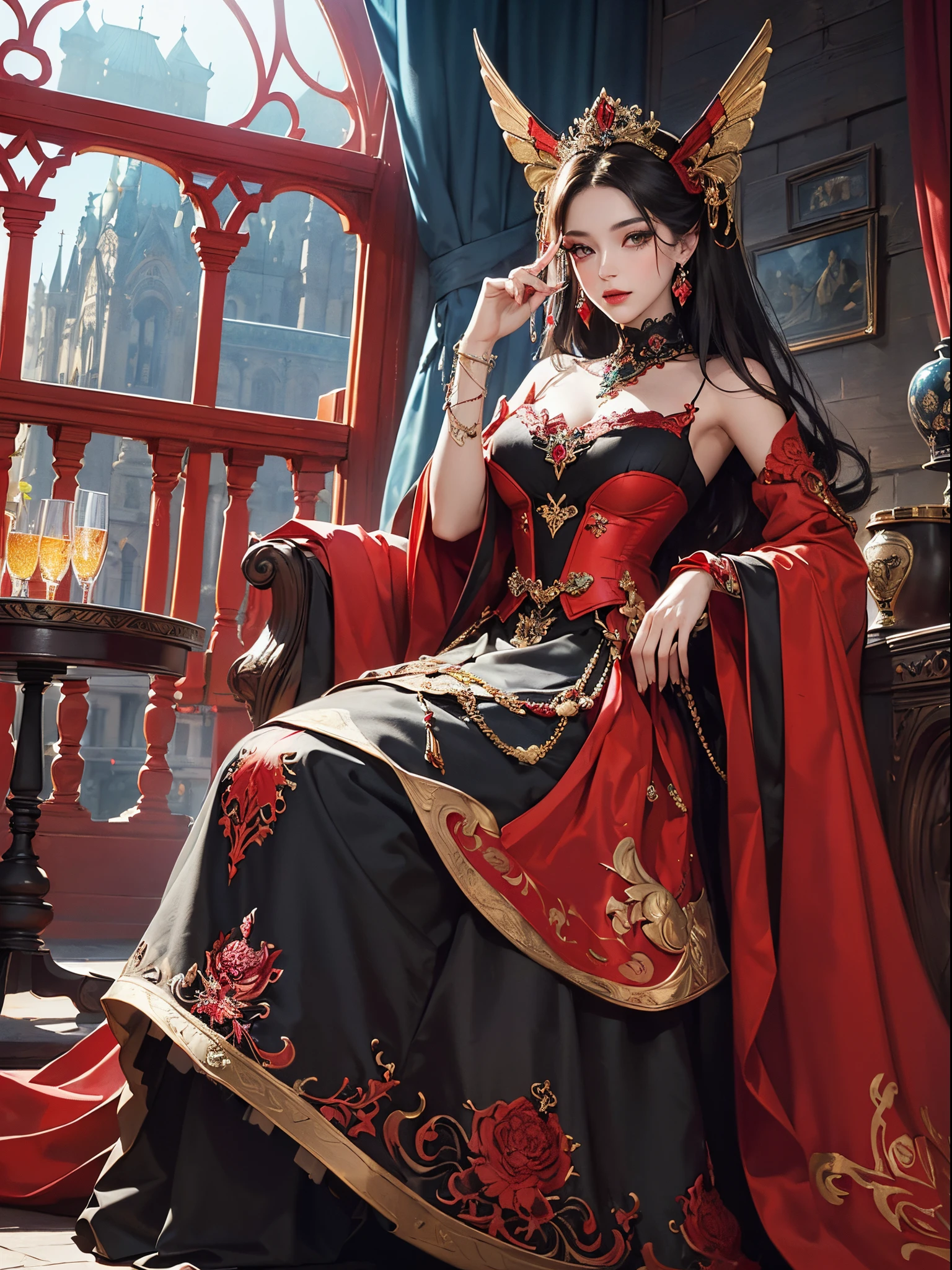 A woman in a red and black dress sitting on a chair - SeaArt AI
