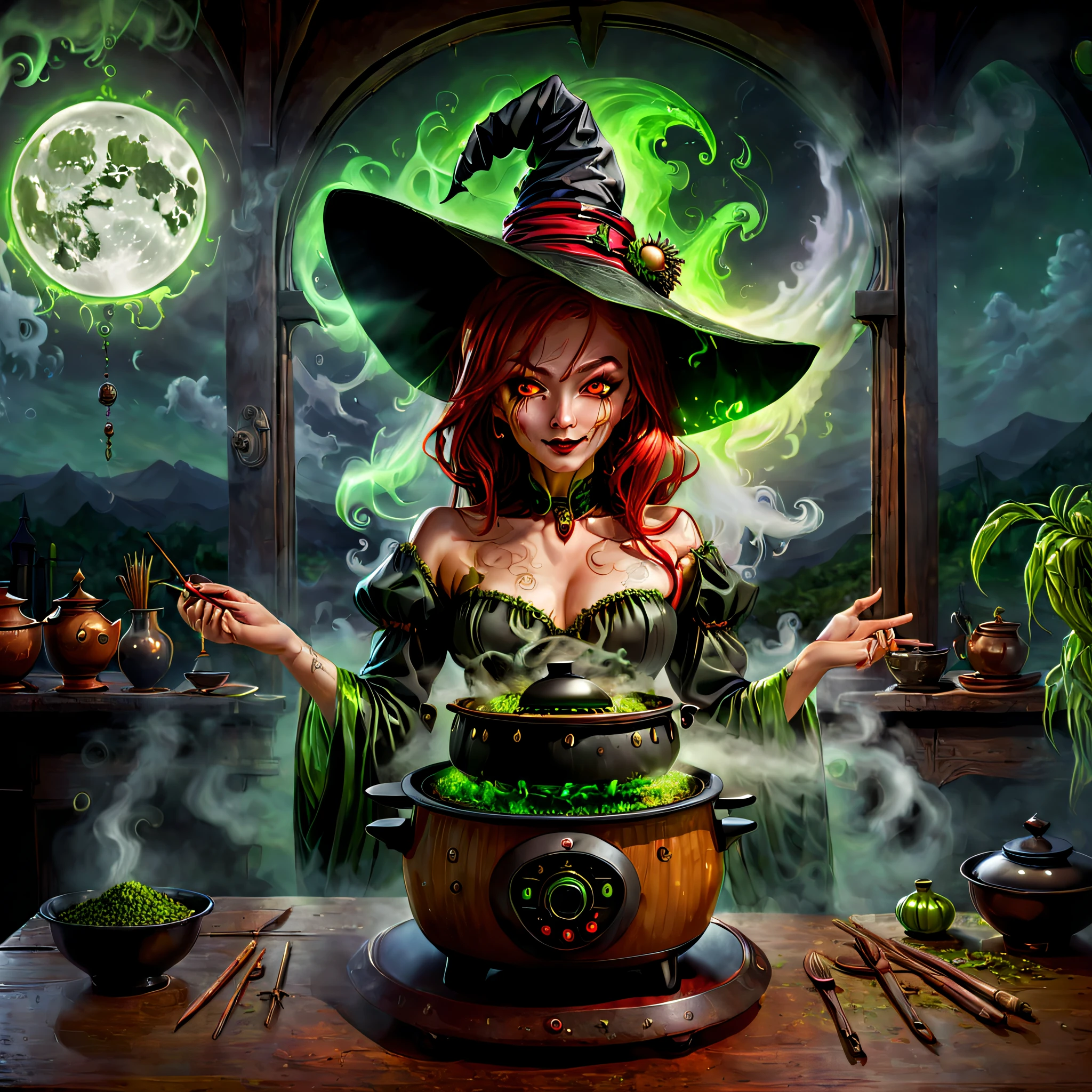 Weird and seductive witch in her alchemist's room, Perform alchemical magic with a steaming rice cooker filled with green glowing smoke, Eerie night background with full moon and window view, Dressed in traditional witch costume,((The strange and sinister rice cooker is filled with red liquid)),(UHD, masterpiece, ccurate, anatomically correct, textured skin, super detail, high details, high quality, award winning, best quality, 16k)