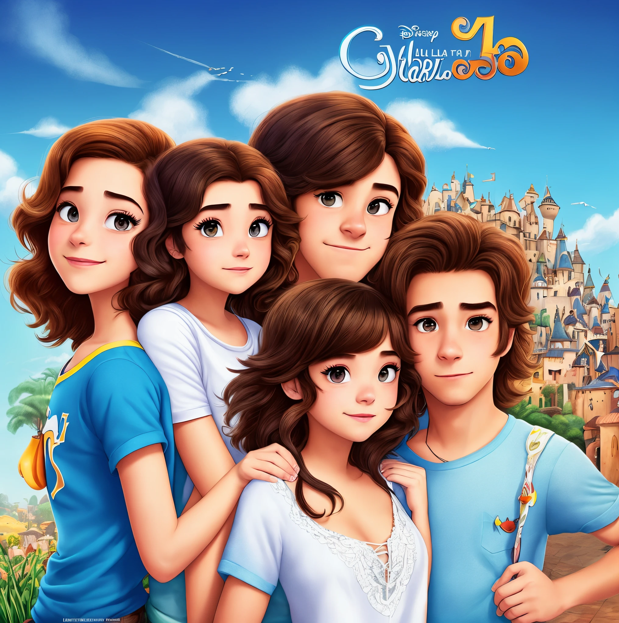 Poster do filme inspirado na Disney Pixar de casal adolescente, mulher preta de cabelo longo ondulado , homem branco do cabelo cortado e sobrancelha grossa