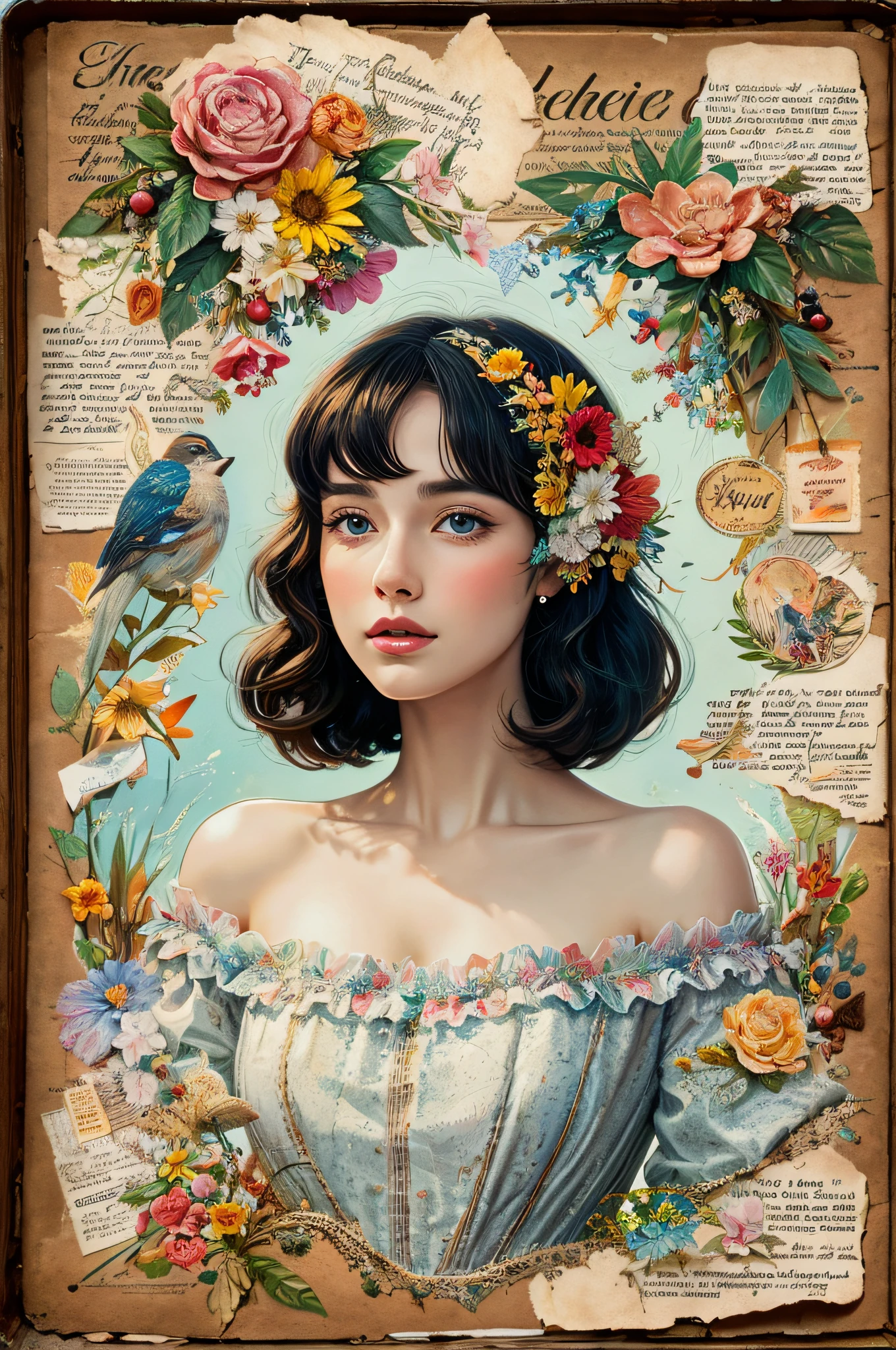 Super detailed alcohol ink painting of gorgeous girl, Made on top of a mixed-media masterpiece patchwork of stress-free vintage script paper, Ephemera, Torn cardboard, Vintage newspaper, Vintage sheet music, Wax Seal, Dress made of paper ruffles and life-size dainty lace, in the style of [Junk Journal, double exposure, Equal to the size of the body, Greg Simkins, Mark Davis, Oliver Jeffers, Andy Kehoe], Cinematic, Stunning, Highly detailed, 8K, dehazed