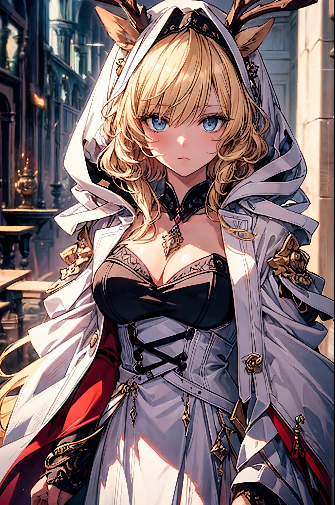 (Best quality, 4K, 8K, A high resolution, tmasterpiece:1.2), ultra - detailed, Noble maiden, exquisite facial features,Long blonde curly hair details expressed, beautiful postures, Fantastical Atmosphere, expressive brush strokes, mystical ambiance, Artistic interpretation,Delicate curls,Detailed floral jewelry, Crystal diamond jewelry,Small fresh aesthetics,Stunning intricate costumes, Fantasy illustration, Subtle colors and tones, The details have been upgraded