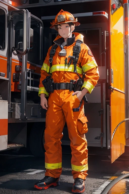 Firefighter Costume，trouser，shoe，bright red or orange，Reflective strips，Protective equipment，