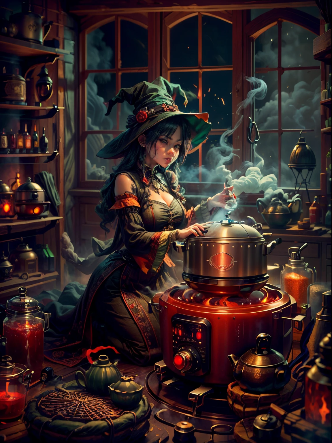Weird and seductive witch in her alchemist's room, Perform alchemical magic with a steaming rice cooker filled with green glowing smoke, Eerie night background with full moon and window view, Dressed in traditional witch costume,((The strange and sinister rice cooker is filled with red liquid)),(UHD, masterpiece, ccurate, anatomically correct, textured skin, super detail, high details, high quality, award winning, best quality, 16k)