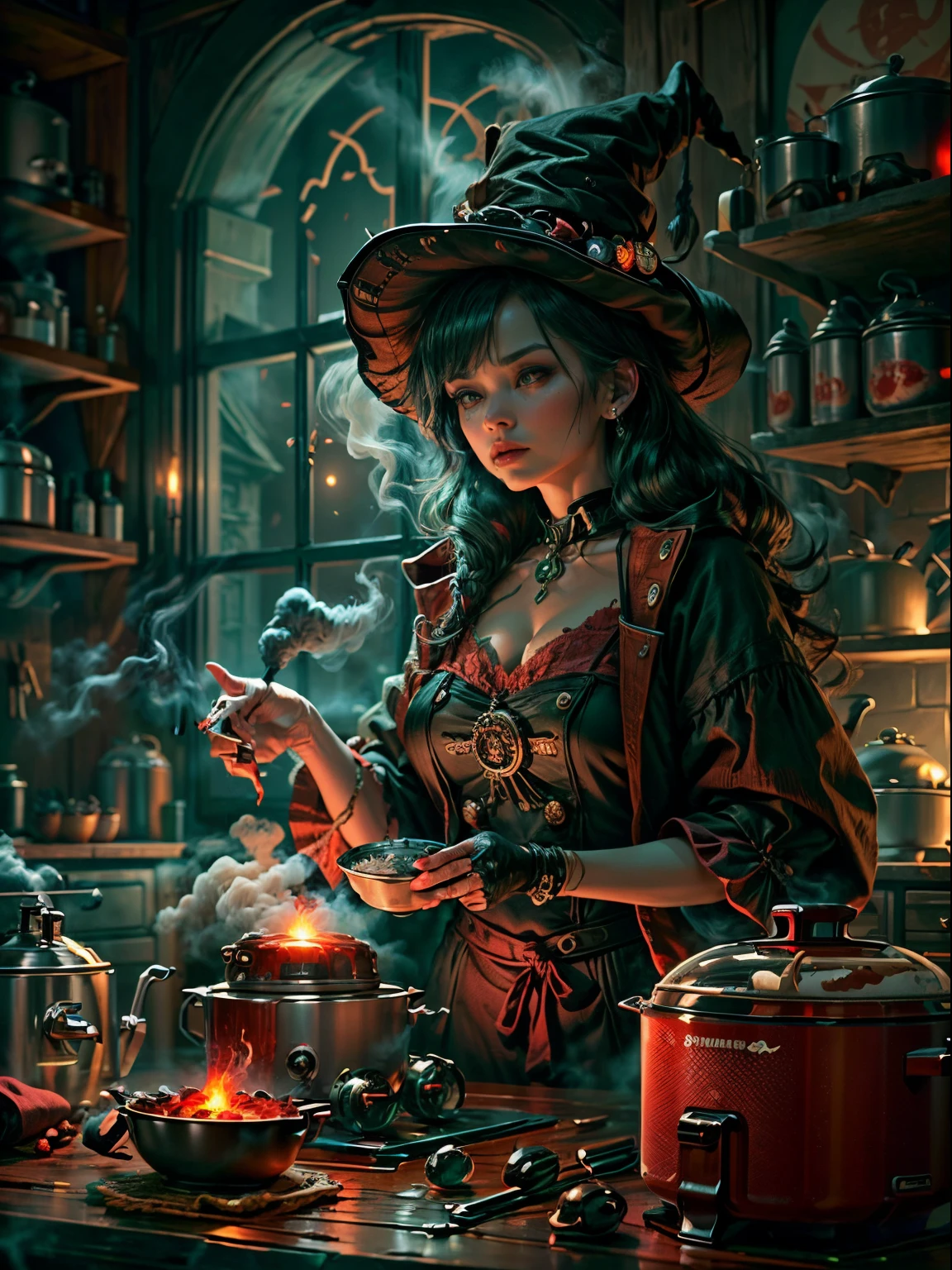 Weird and seductive witch in her alchemist&#39;s room, Perform alchemical magic with a steaming rice cooker filled with green glowing smoke, Eerie night background with full moon and window view, Dressed in traditional witch costume，((The strange and sinister rice cooker is filled with red liquid))，(UHD, masterpiece, ccurate, anatomically correct, textured skin, super detail, high details, high quality, award winning, best quality, 16k)