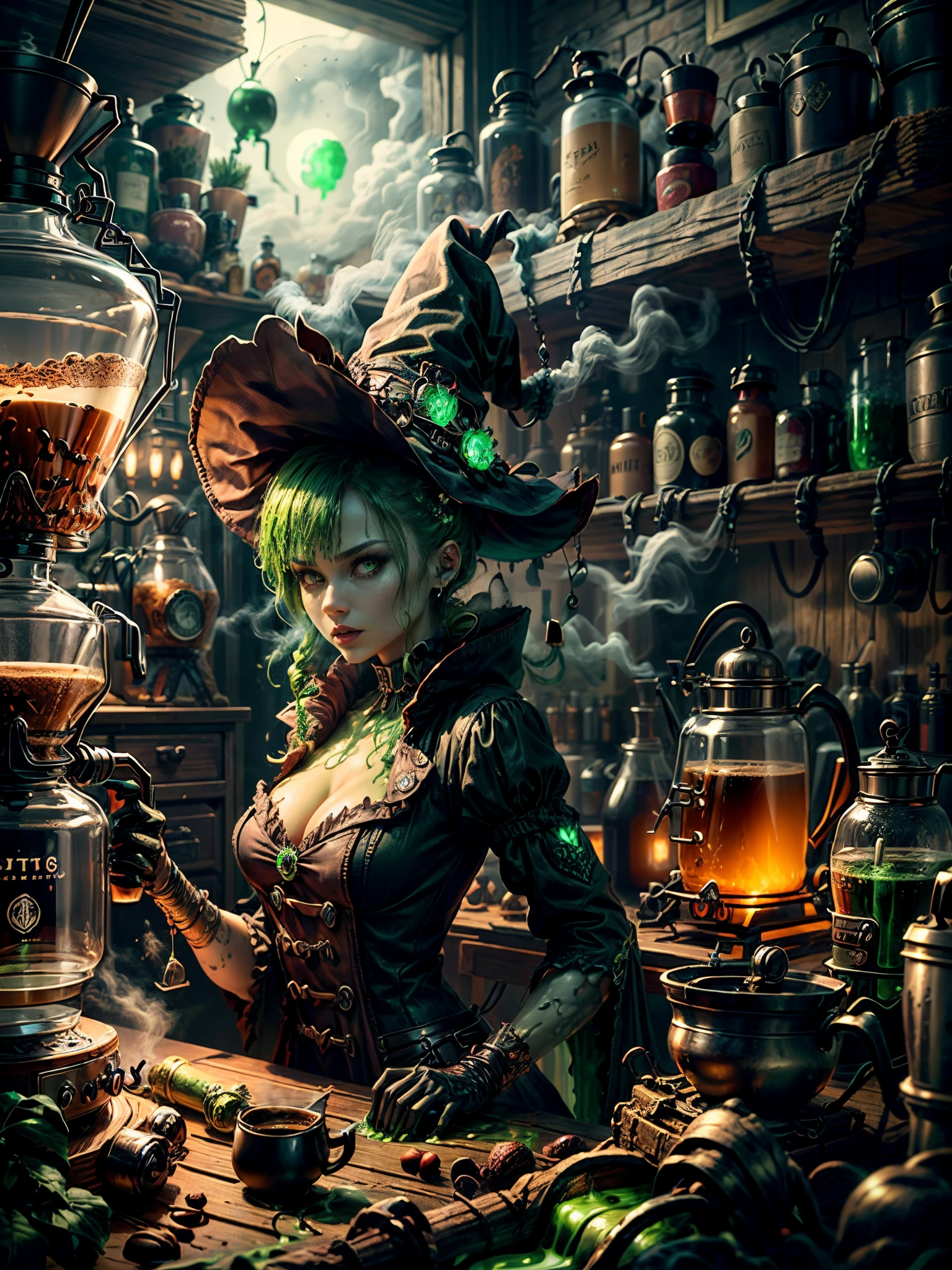 Weird and seductive witch in her alchemist&#39;s room, Perform alchemical magic with a steaming coffee maker filled with green glowing smoke, Eerie night background with full moon and window view, Dressed in traditional witch costume，((The weird and sinister coffee machine is filled with green liquid))，(UHD, masterpiece, ccurate, anatomically correct, textured skin, super detail, high details, high quality, award winning, best quality, 16k)