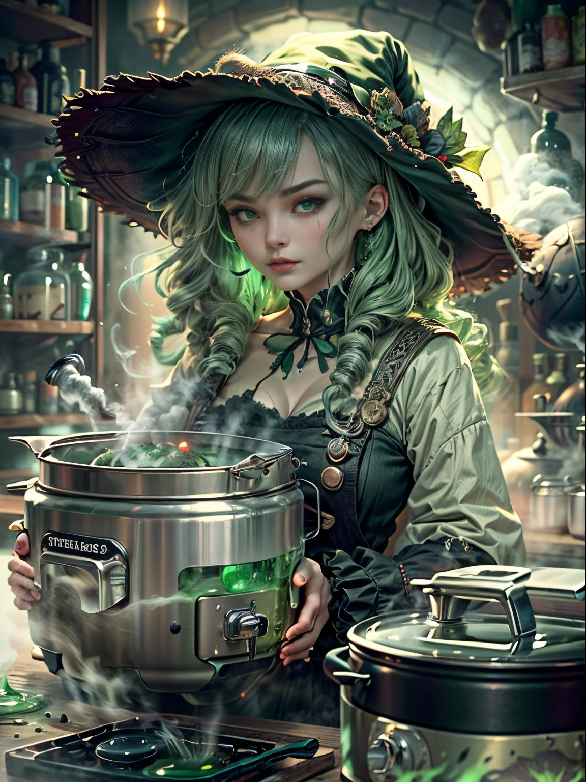 Weird and seductive witch in her alchemist&#39;s room, Perform alchemical magic with a steaming rice cooker filled with green glowing smoke, Eerie night background with full moon and window view, Dressed in traditional witch costume，((The strange and sinister rice cooker is filled with green liquid))，(UHD, masterpiece, ccurate, anatomically correct, textured skin, super detail, high details, high quality, award winning, best quality, 16k)