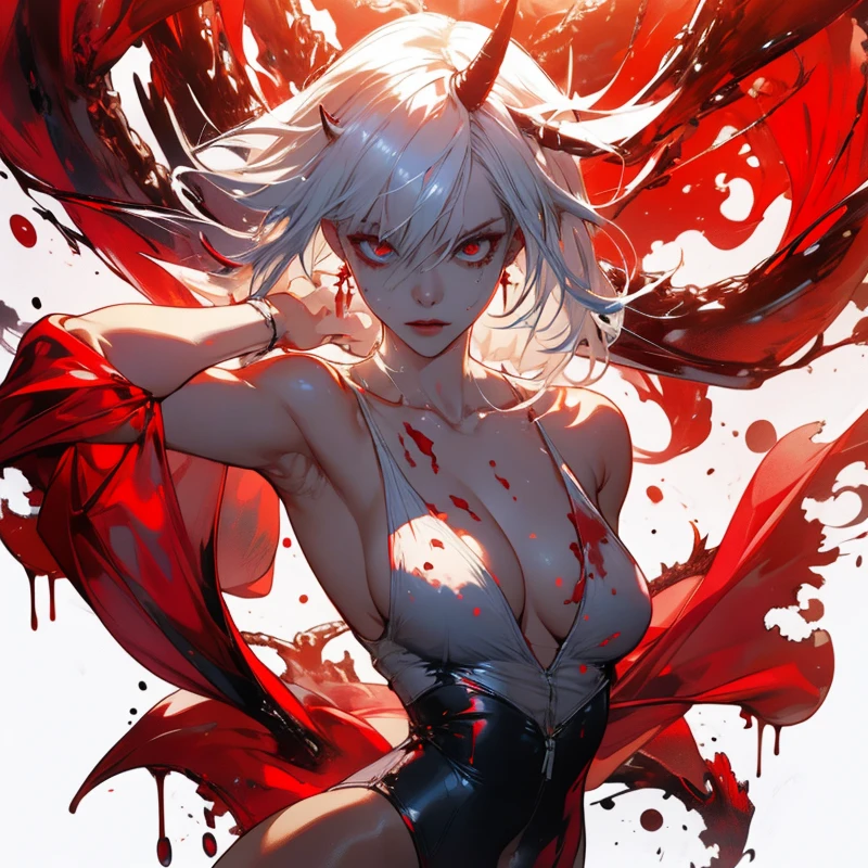 anime character with red and white hair and a red cape, djinn woman female demon, female djinn woman demon hybrid, an epic anime of a energy woman, full body devil woman, demon female, demon hero, human female demon, emitting evil red aura, fire!! full body, full body savage devilwoman, woman female demon, demon girl, pain from naruto, nude, impossibly large breasts