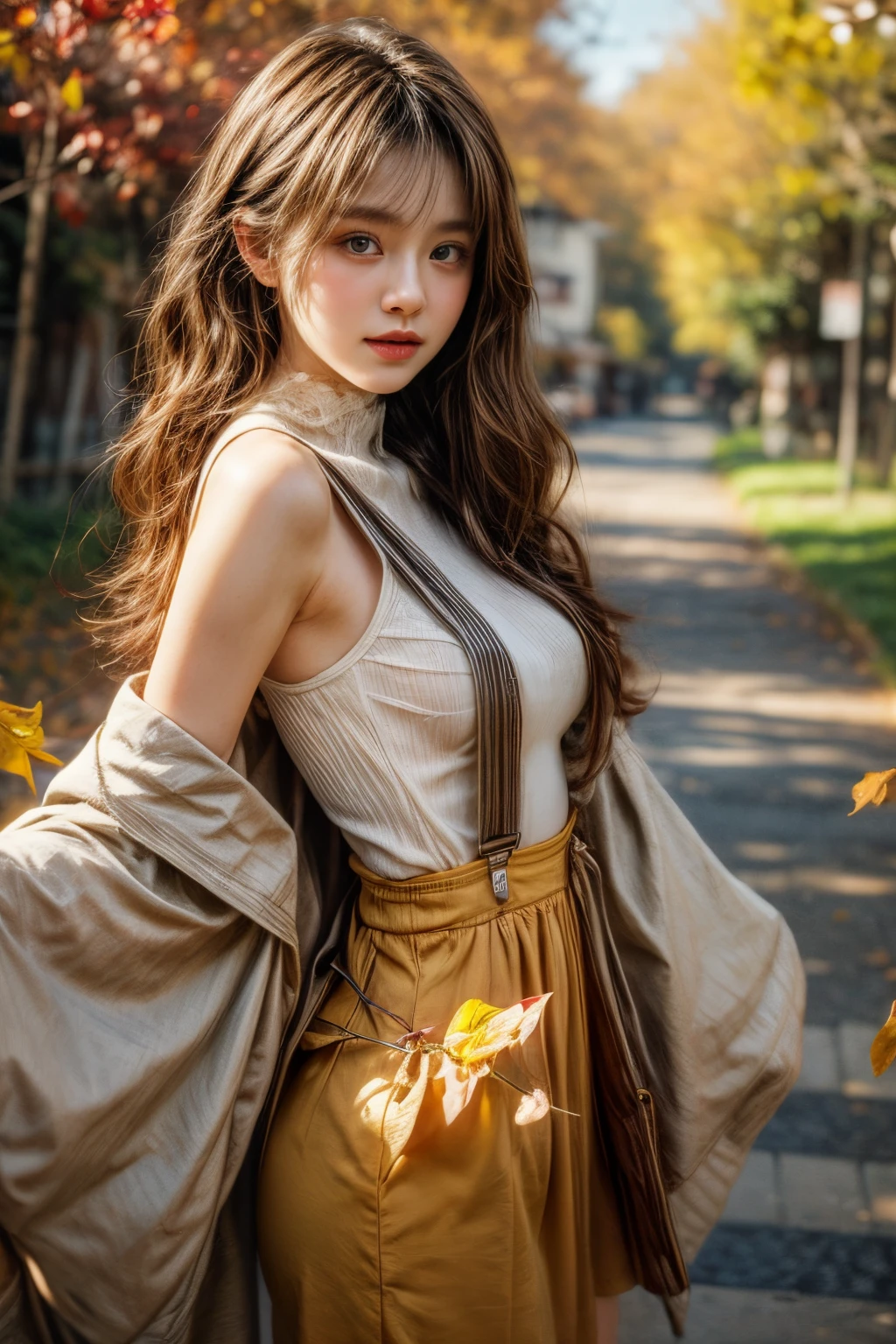 masterpiece、8K、32K、top-quality、(A detailed eye)、(A cute Japanese woman、bangss)、23years old、1 girl in、elegent、(Detailed background depiction、portlate:1.2)、(Suspender Skirt)、(yellow fallen leaves:1.3)、cowboy shot、ssmile