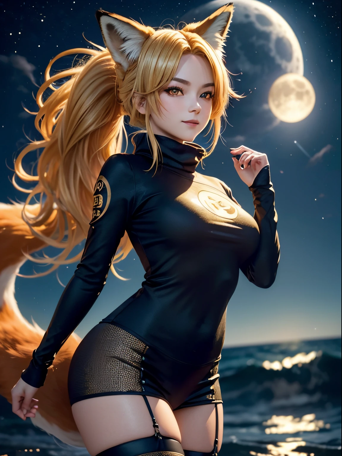 (((Fox girl, bob golden hair, red eyes))), ray tracing, vibrant colors, girl, masterpiece, sharp focus, best quality, depth of field, cinematic lighting, detailed outfit, perfect eyes, rich in details and textures, hair between eyes, long sweater, black legwear, smiling, ponytail,ahoge, thick thighs, night sky, starry sky, moon, ocean, leaning forward, reflective water, more_details:-1, more_details:0, more_details:0.5, more_details:1, more_details:1.5