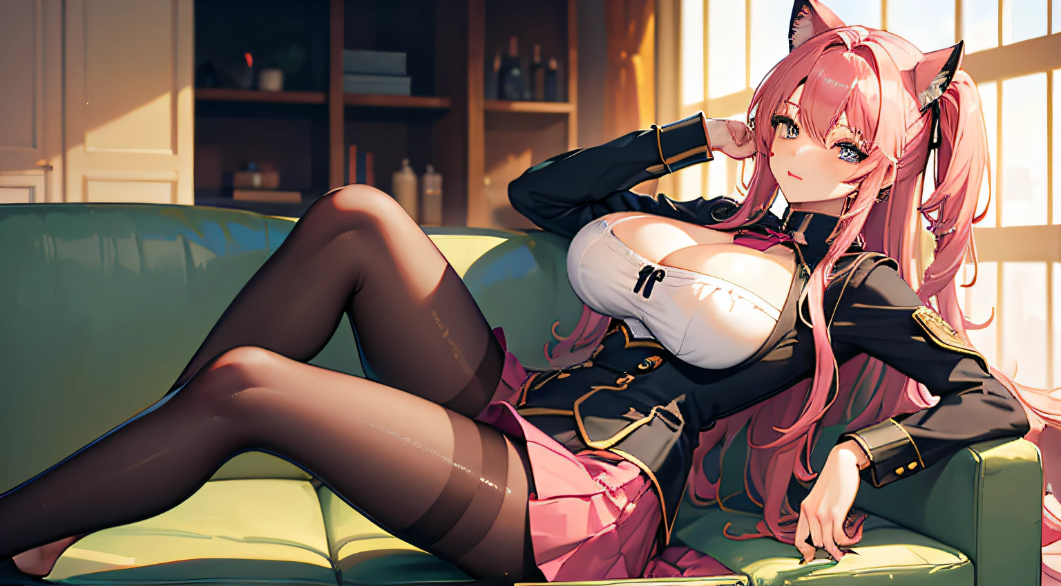 (Best quality, 8K, tmasterpiece :1.3)), Beutiful women, 1 busty girl, Colossal tits:1.3, (Strong abs, slim toned body:1.1), with pink hair, (sitting in the couch, crossedlegs, a skirt:1.1 ), Ultra-fine face, detailed lips, A detailed eye, 二重まぶた，See-through pantyhose ，