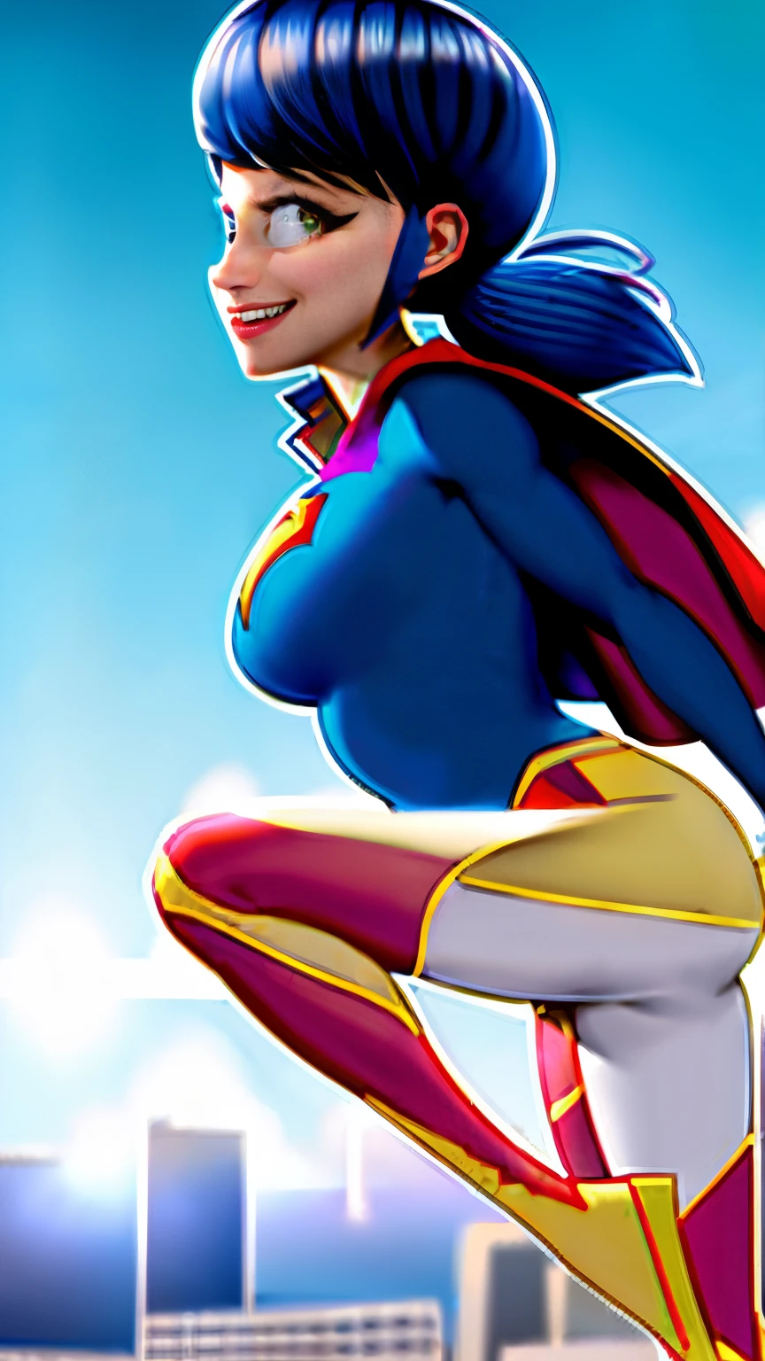 best quality,ultra-detailed,realistic:1.37,portrait,beautiful detailed eyes,beautiful detailed lips,strong and powerful girl,extraordinary strength,flying in the sky,vibrant colors,sunlight,shining costume,cape flowing in the wind,happy and confident expression,cityscape,heroic pose,action-packed scene,lens flare effect,fast-paced motion,beautiful smile,vivid colors,impressive physique,graceful movement,superpowers,blue sky,red and yellow costume,heroic and inspiring,unstoppable force,superhero in action,incredible speed and agility,superhuman strength,amazing supergirl,Faster than a speeding bullet,more powerful than a locomotive,able to leap tall buildings in a single bound,protector of the city,strong and fearless,defender of justice