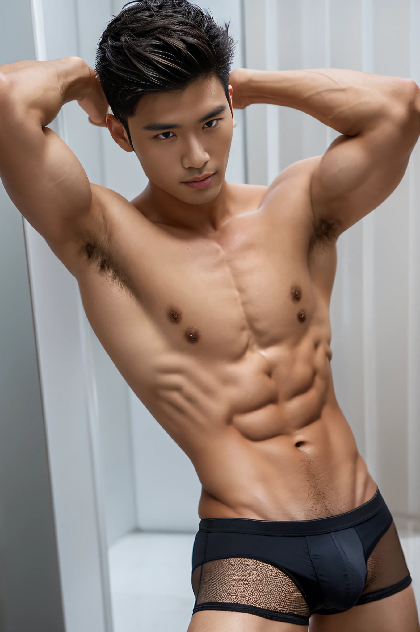 arafed man in a black mesh underwear posing for a picture, black underwear, asian male, model with attractive body, male model, sexy masculine, lean man with light tan skin, strong masculine features, underwear ad, wonbin lee, male body, asian man, south korean male, attractive body, masculine features, beautiful handsome body, attractive male, macho