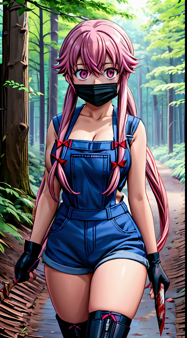 explicit, beautiful, amazing, high quality, detailed background, a woman with large breast in a woods, 1girl, breasts , , , pink hair, large breasts, twintails, long hair, solo focus, mirai nikki, black choker, dark grey overalls, leather gloves, black boots, ((face mask)), red eyes, chasing you through the woods, ((nigth)), crazy, ((crazy eyes)), ((crazy stare)) holding a bloody knife, (fanart of Gasai Yuno), (angry eyes:1.1), (perfect hands:1.4), (masterpiece), best quality, expressive eyes, VHS, ((nigth)), (Parfect Hand:1.3), 4k, 8k, 1980s, from below, (standing over you), wearing a jacket, (Blood:1.1)