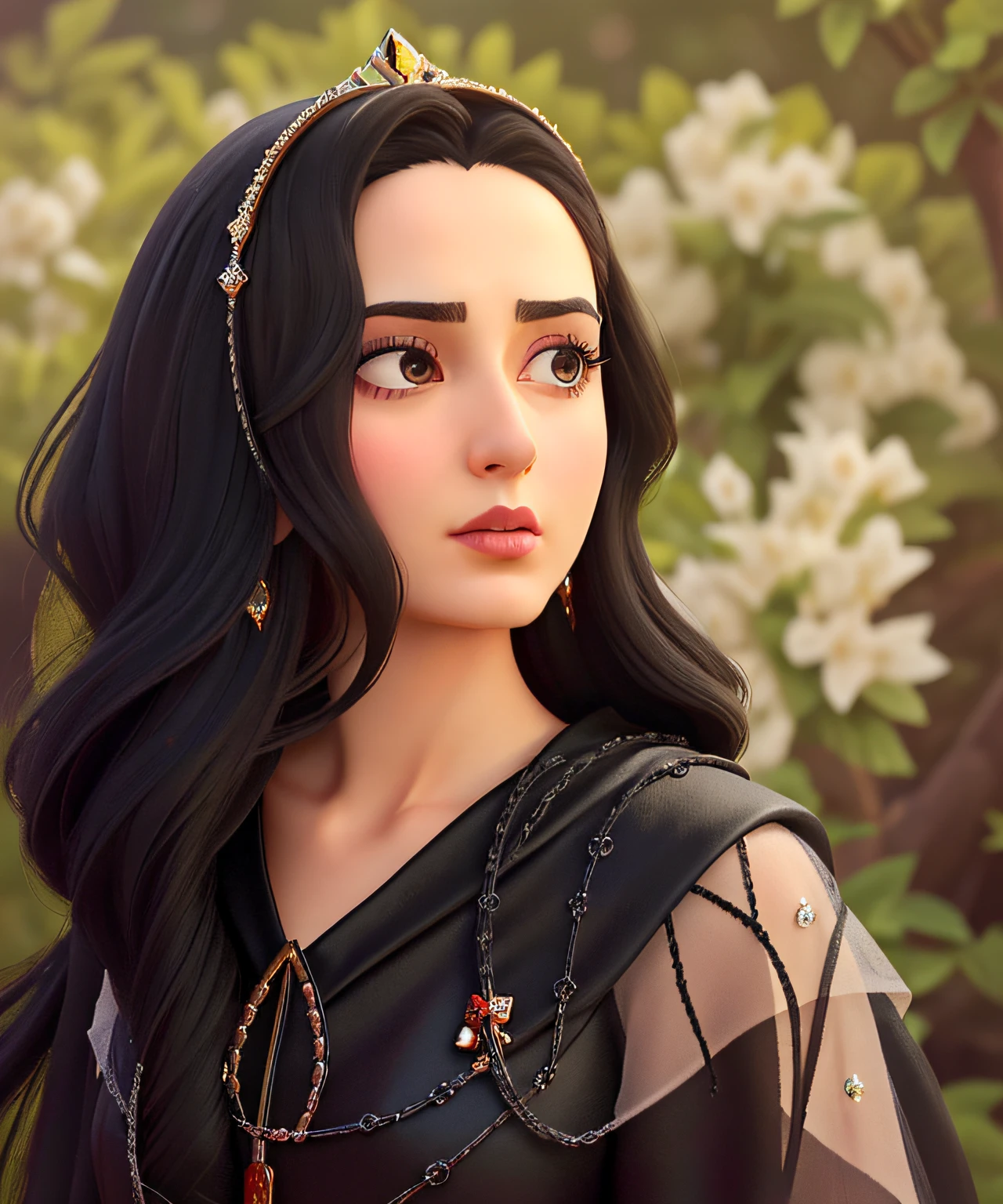 a close up of a woman with long black hair wearing a black dress, profile pic, inspired by Ambreen Butt, profile picture, maya ali as a d&d sorcerer, fanart, maya ali as d&d sorcerer, gorgeous lady, by Emma Andijewska, inspired by Lubna Agha, by Riza Abbasi