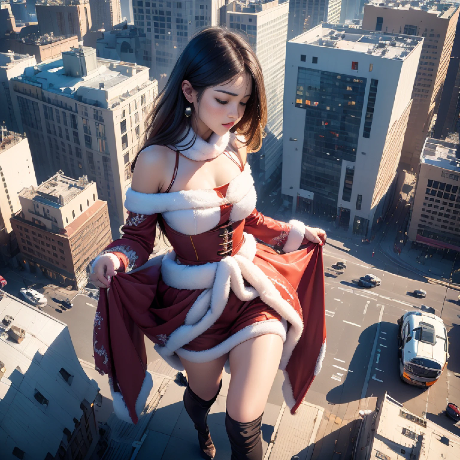 woman, detailed face, aerial angle, 100m tall, Christmas cosplay, open legs, closed eyes, lift up skirt, city, walking, people looking up her, many small cars,