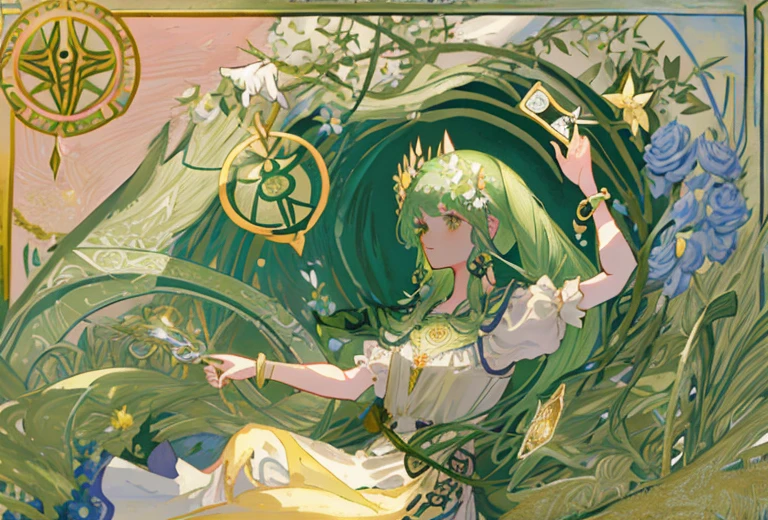 tmasterpiece、topquality、Alphonse Mucha、Jugendstil、 (Tarot card style:1.3)、Unique Tarot Card Structure, including floral and green elements、 blunt bangs、Long hair with pink double ponytails,,,、Upper torso、looking at the viewers、 In the middle of a green garden、Mysterious girl in a floral dress、Enjoy the sunshine, which illuminates flowering plants and ancient tarot symbols.、Dance with Unearthly Creatures。 roses、lily、Cherry trees、calamus、leaves、moss、vine、Elegant dresses, Inspired by nature、Necklace with flowers and leaves、耳环、circlet、A bracelet、hair ornaments、Butterflies、bird、bee、Tarot symbols, Reimagined with floral and green ornaments、godesses、Flower Garden、woods、Natural background, like a, For example, shore of the lake、Efficient use of light and shadow、 Realistic & Ультрареалистичный 3D、zentangle、Flock of birds, birds