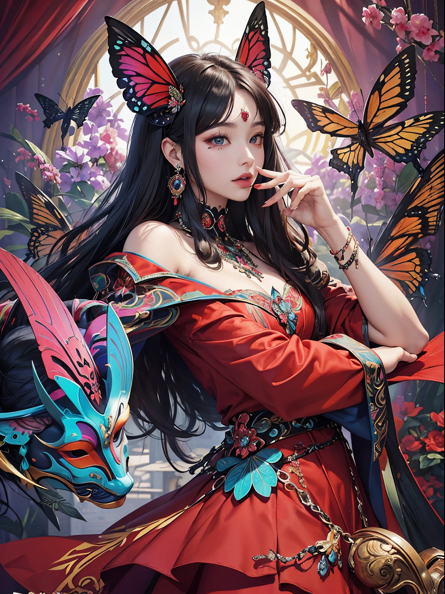 Butterfly motif、scarlet and black tones、Vibrant colors、((​masterpiece)))、(((top-quality)))、((ultra-detailliert))、(A hyper-realistic)、(highly detailed CGillustration）、From the right side、Official art、Bern at the beginning of the 20th century、by lake、Decadent、Madame Papillon、Cool Beauty、Masquerade、refinement、Elegance、Gorgeous、Masks that cover most of the face、Colorful and detailed mask design、matchless beauty、Fans、gorgeous dress、jewely、Perfect Angle、perfect-composition。full body Esbian