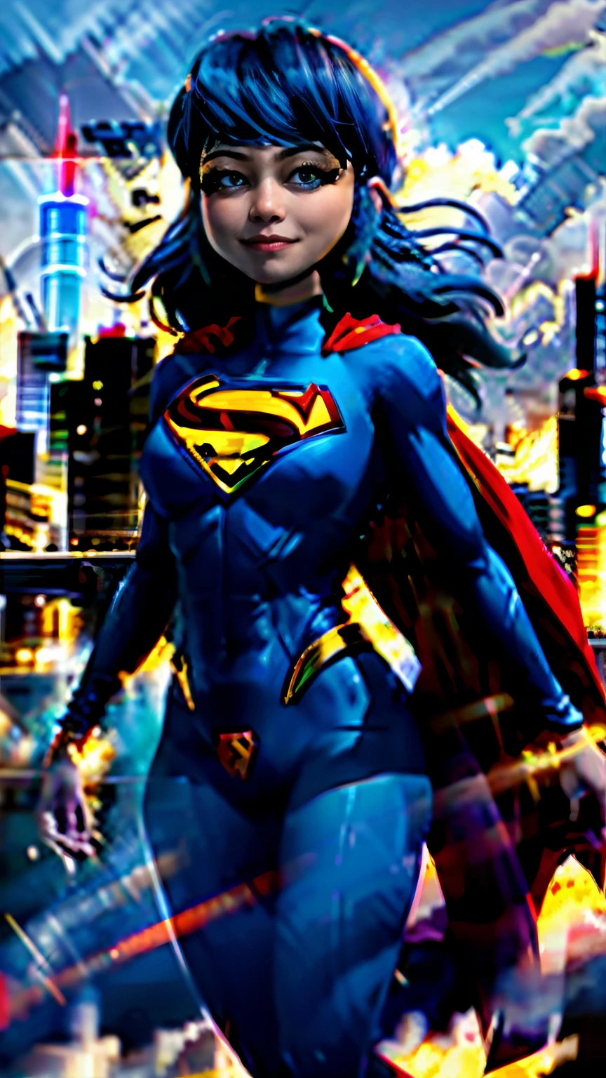 best quality,ultra-detailed,realistic:1.37,portrait,beautiful detailed eyes,beautiful detailed lips,strong and powerful girl,extraordinary strength,flying in the sky,vibrant colors,sunlight,shining costume,cape flowing in the wind,happy and confident expression,cityscape,heroic pose,action-packed scene,lens flare effect,fast-paced motion,beautiful smile,vivid colors,impressive physique,graceful movement,superpowers,blue sky,red and yellow costume,heroic and inspiring,unstoppable force,superhero in action,incredible speed and agility,superhuman strength,amazing supergirl,Faster than a speeding bullet,more powerful than a locomotive,able to leap tall buildings in a single bound,protector of the city,strong and fearless,defender of justice