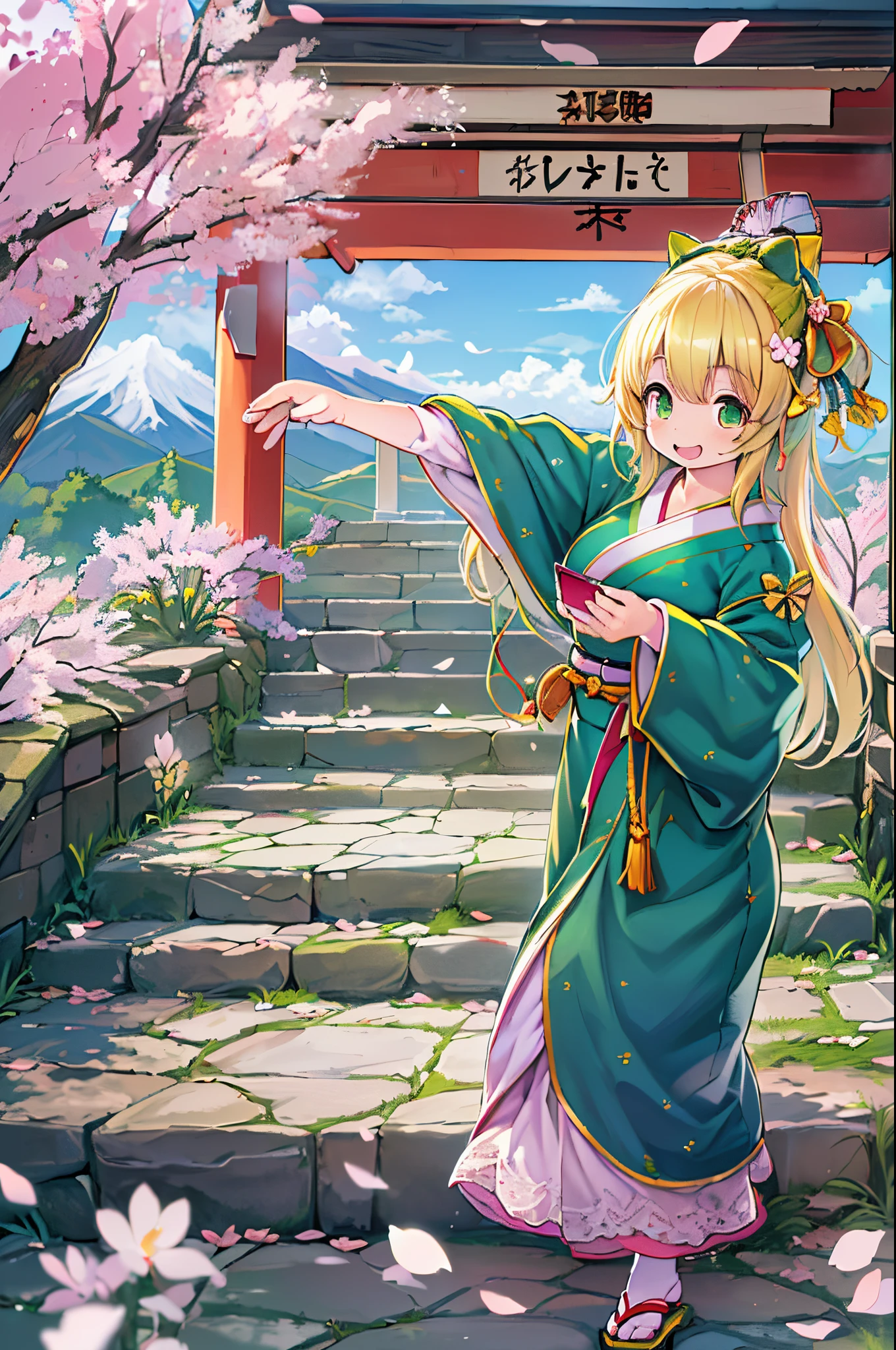 (((masutepiece: 1,5, Best Quality, High resolution, Super Resolution, ultra-detailliert: 1,2, Rich background: 1,4))), (close up), (1girl in), Solo, Green eyes, Blonde long hair tied with a blue ribbon, Hair Ornament, Blunt bangs, Smiling, hi-school girl, medium breasts, ((Hands in the air)), komono, (Blue short pattern kimono), Sandals, bow ribbon, Obi, ((plein air)), cherry blossom, (torii gate), stone stairs, skyporn (PM), Cherry blossoms fall, ((Dramatic light: 1,3)), cloudy, (Scenery of Fuji in the background)